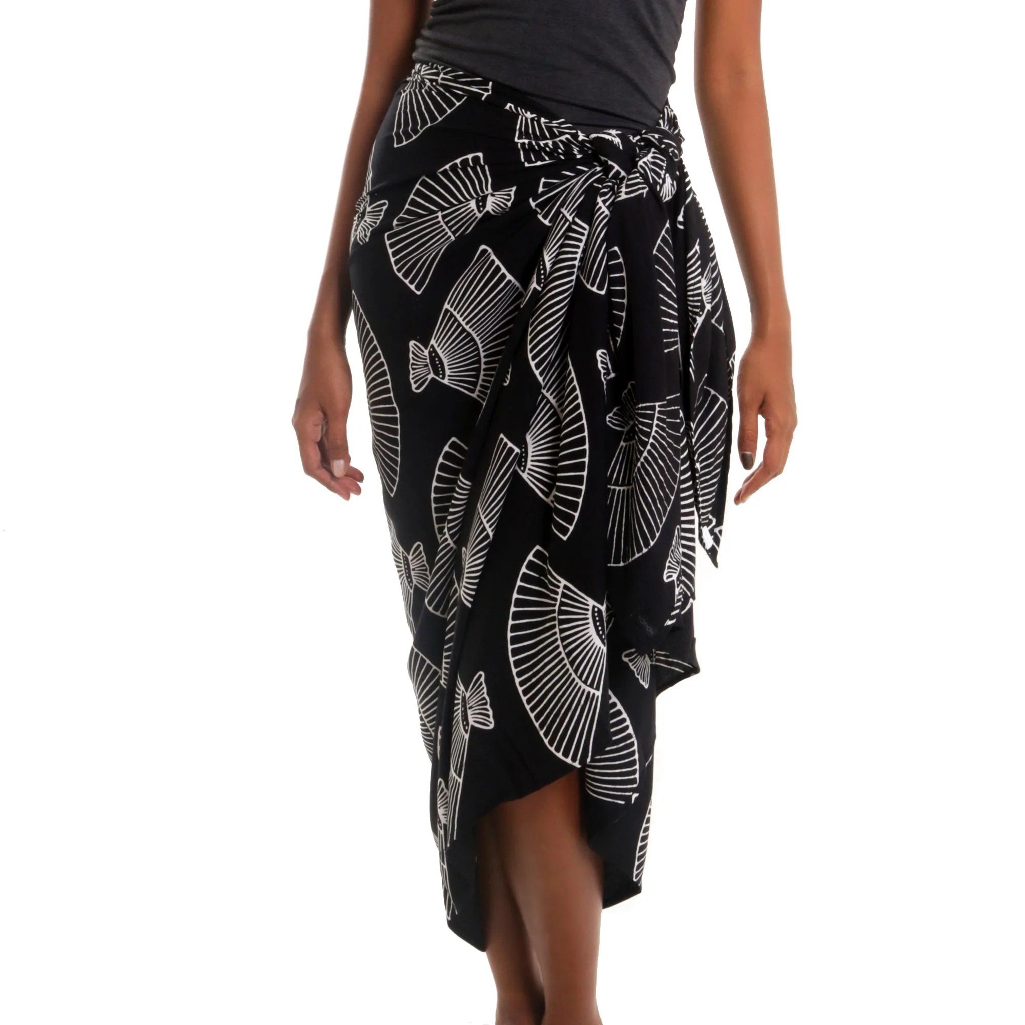 Seashore Shells Black and White Cotton Blend Sarong with Batik Shell Print - Image 2