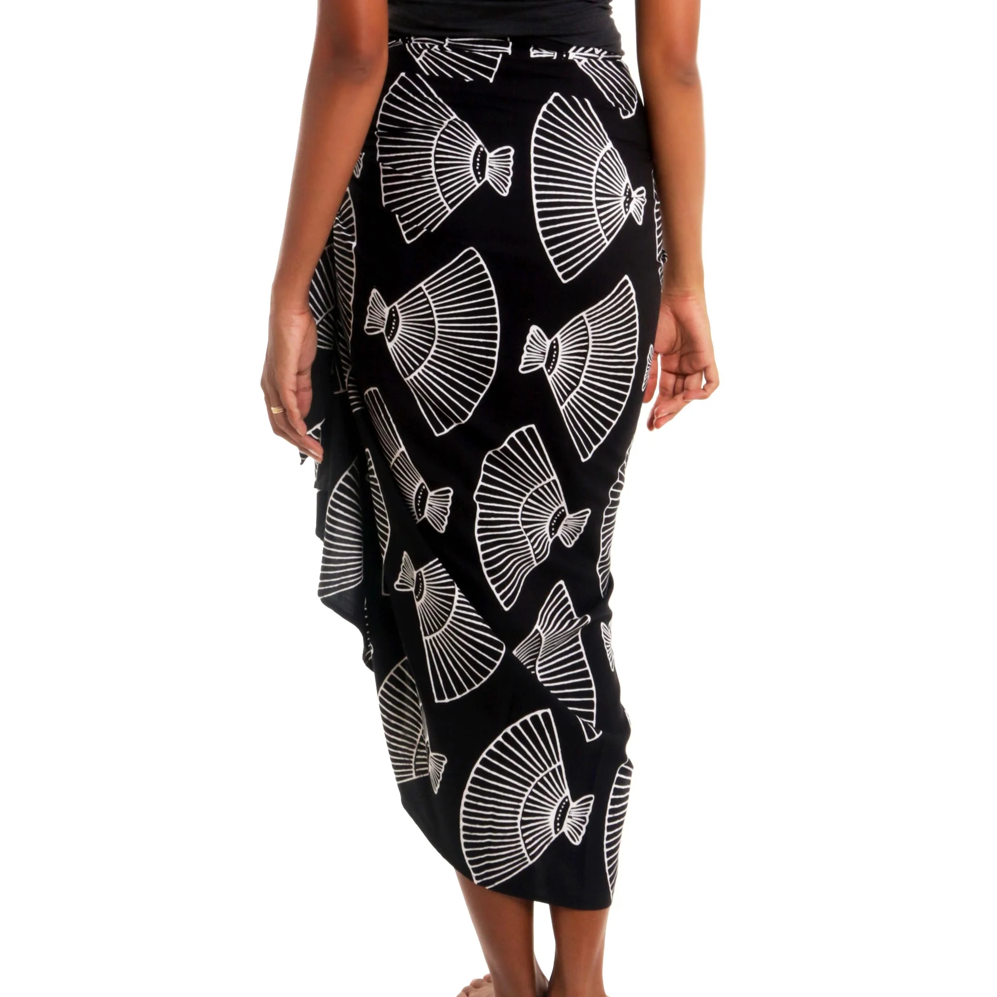 Seashore Shells Black and White Cotton Blend Sarong with Batik Shell Print - Image 3