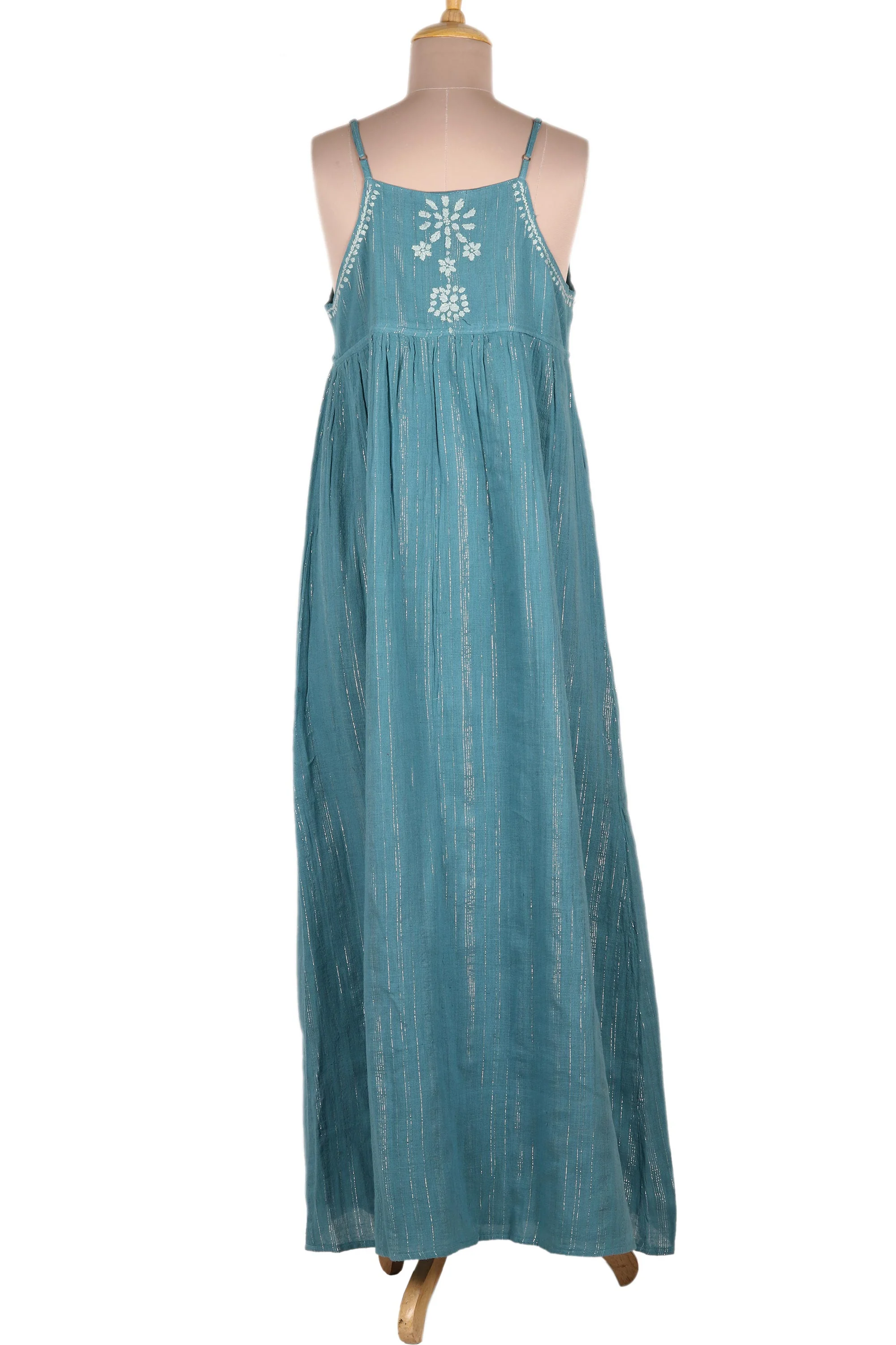 Seaside Flowers Embroidered Teal Cotton Sundress from India - Image 2