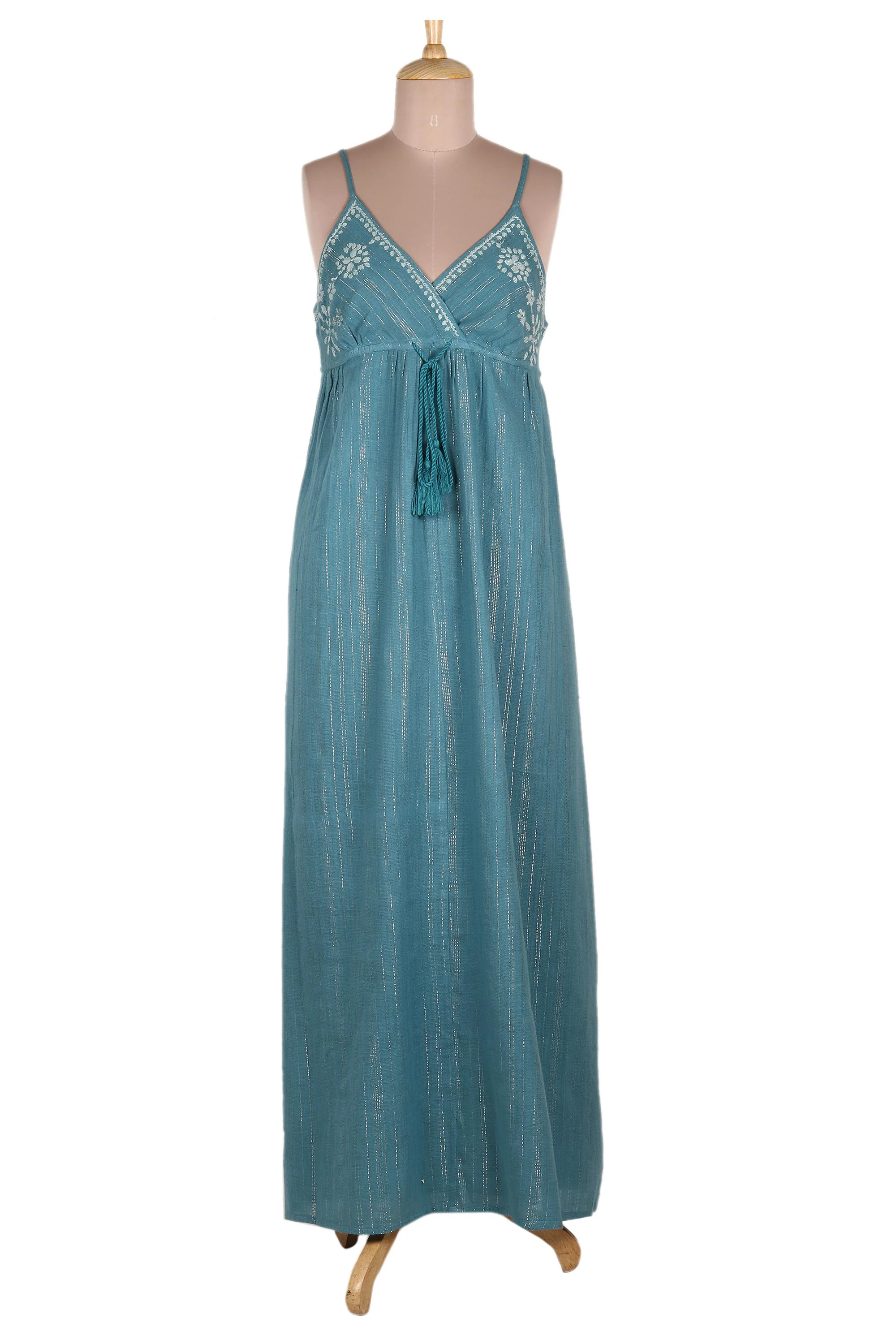 Seaside Flowers Embroidered Teal Cotton Sundress from India - Image 4