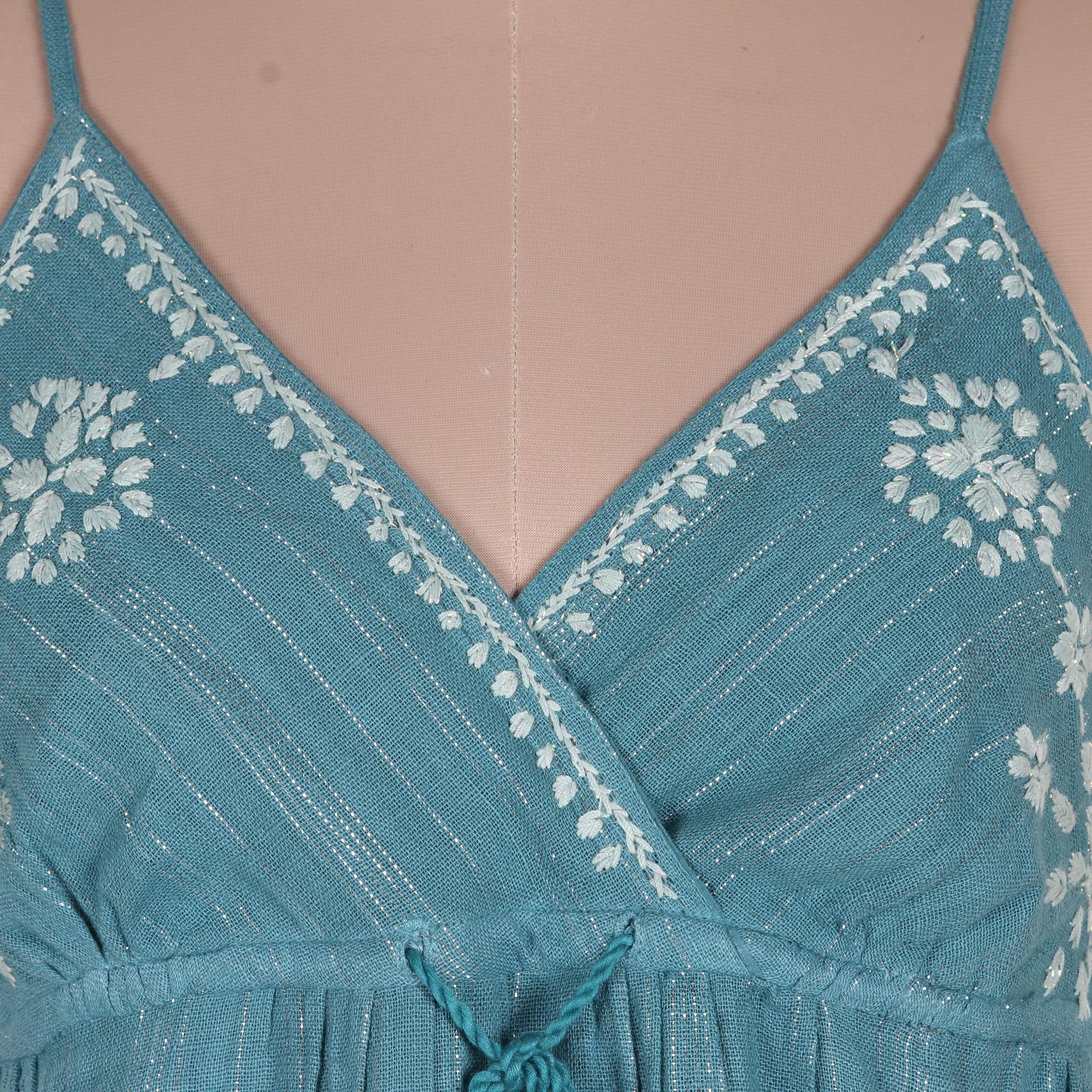 Seaside Flowers Embroidered Teal Cotton Sundress from India - Image 5