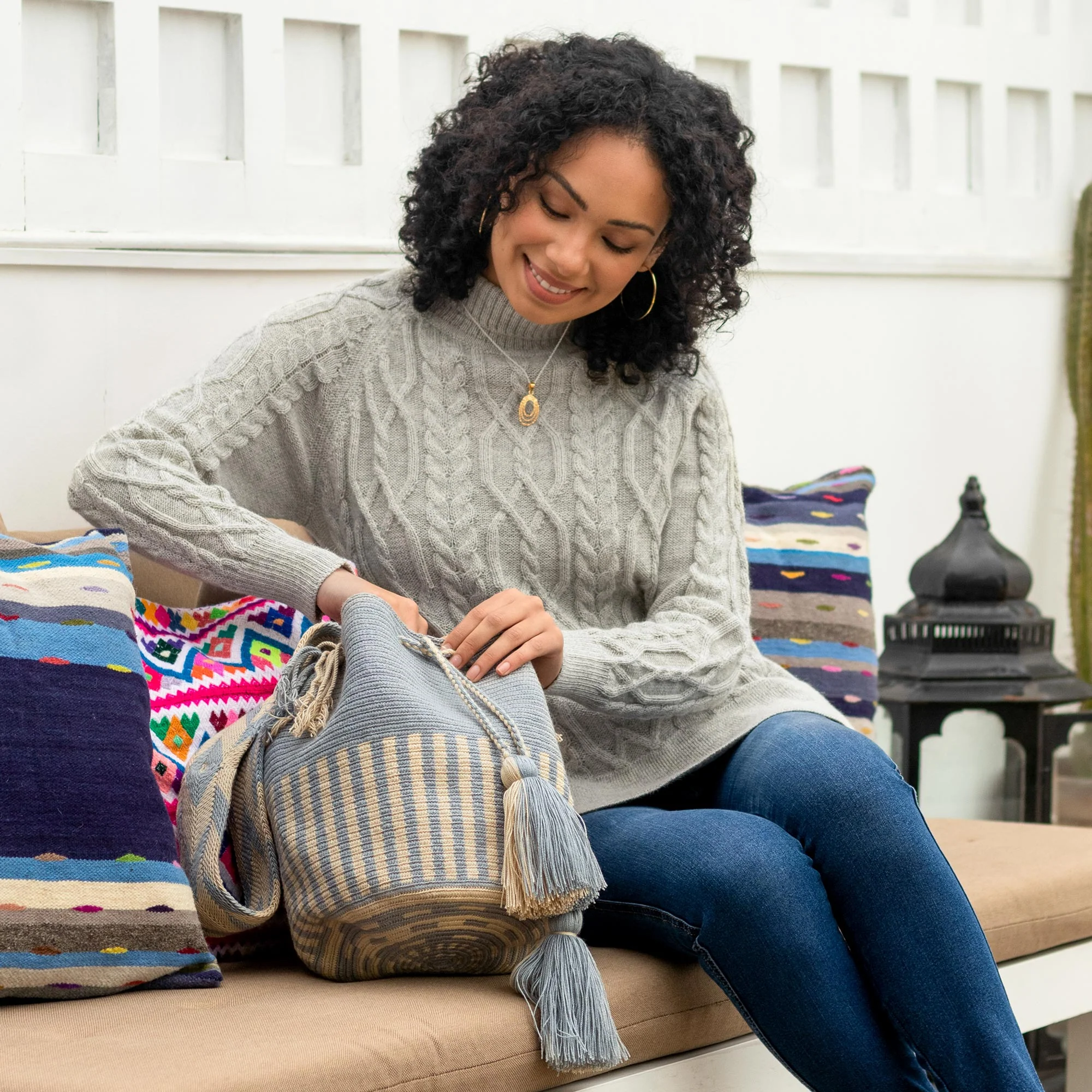 Seaside Stripe Blue and Ivory Crocheted Shoulder Bag - Image 3