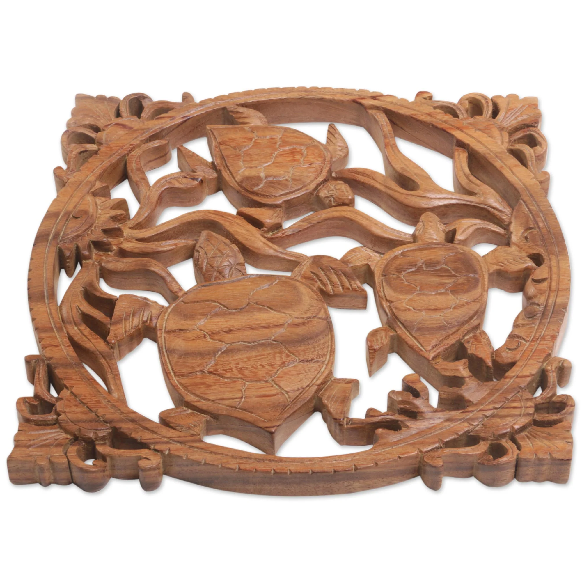 Seaweed Turtles Hand-Carved Suar Wood Turtle-Themed Relief Panel from Bali - Image 4