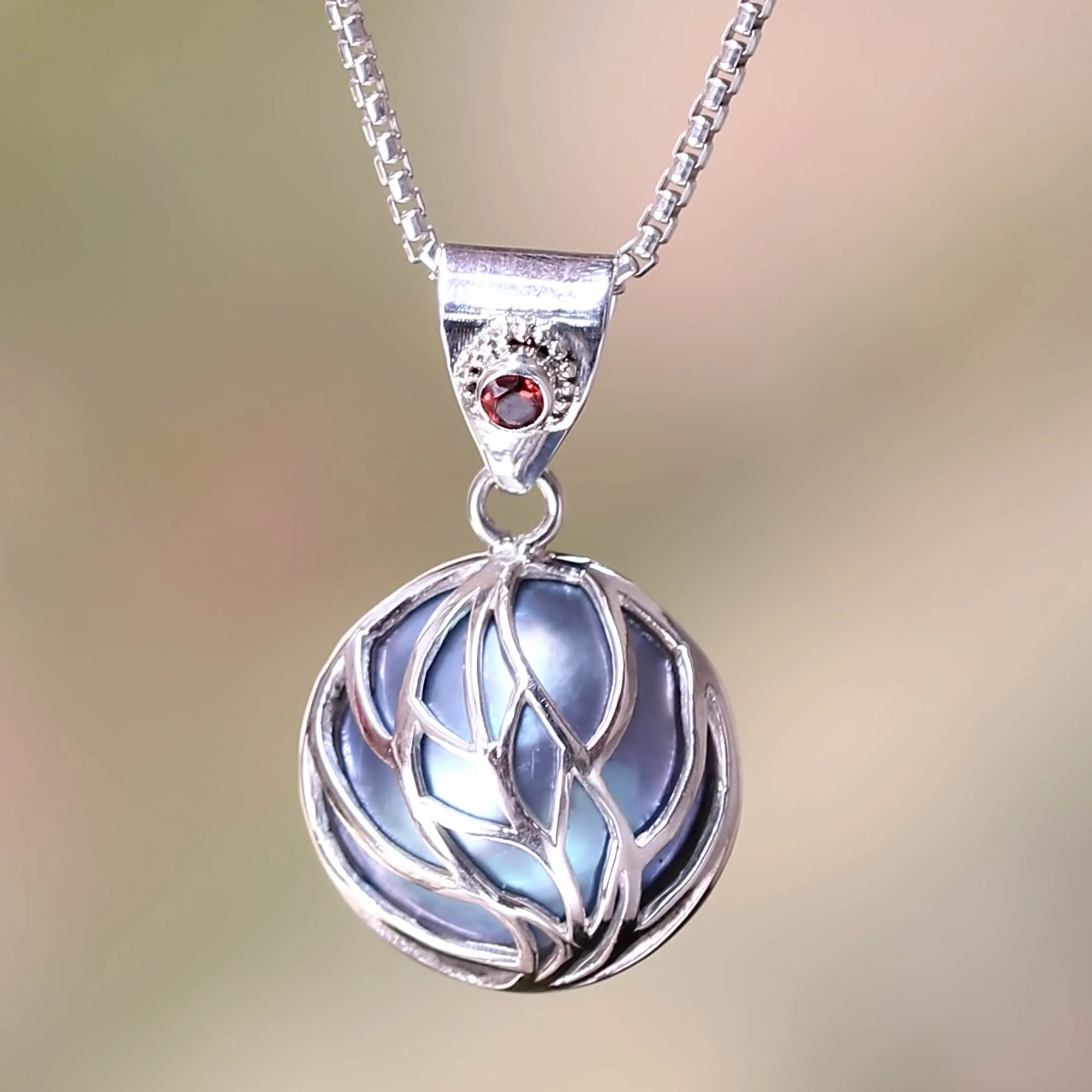 Secret World Blue Mabe Pearl Garnet and Silver Handcrafted Necklace
