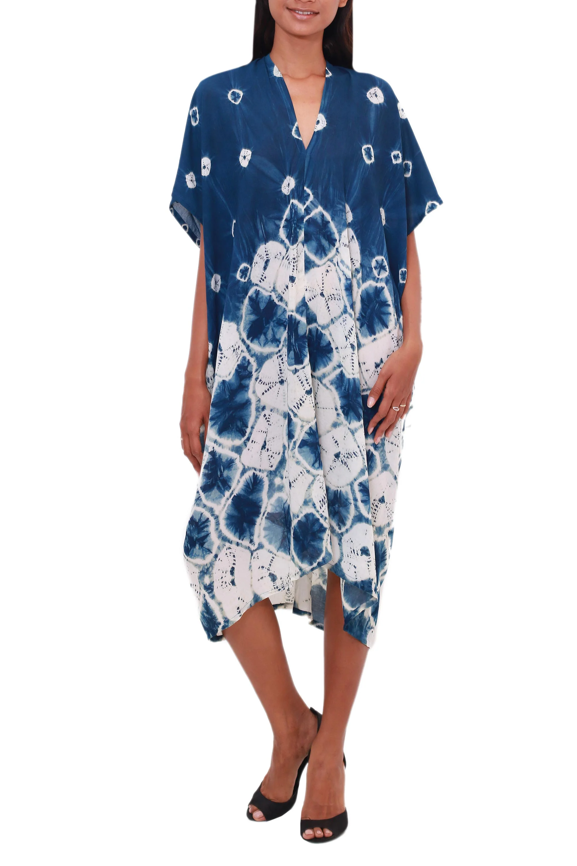 Segara Beauty Square and Circle Motif Tie-Dyed Rayon Caftan from Java - Image 2