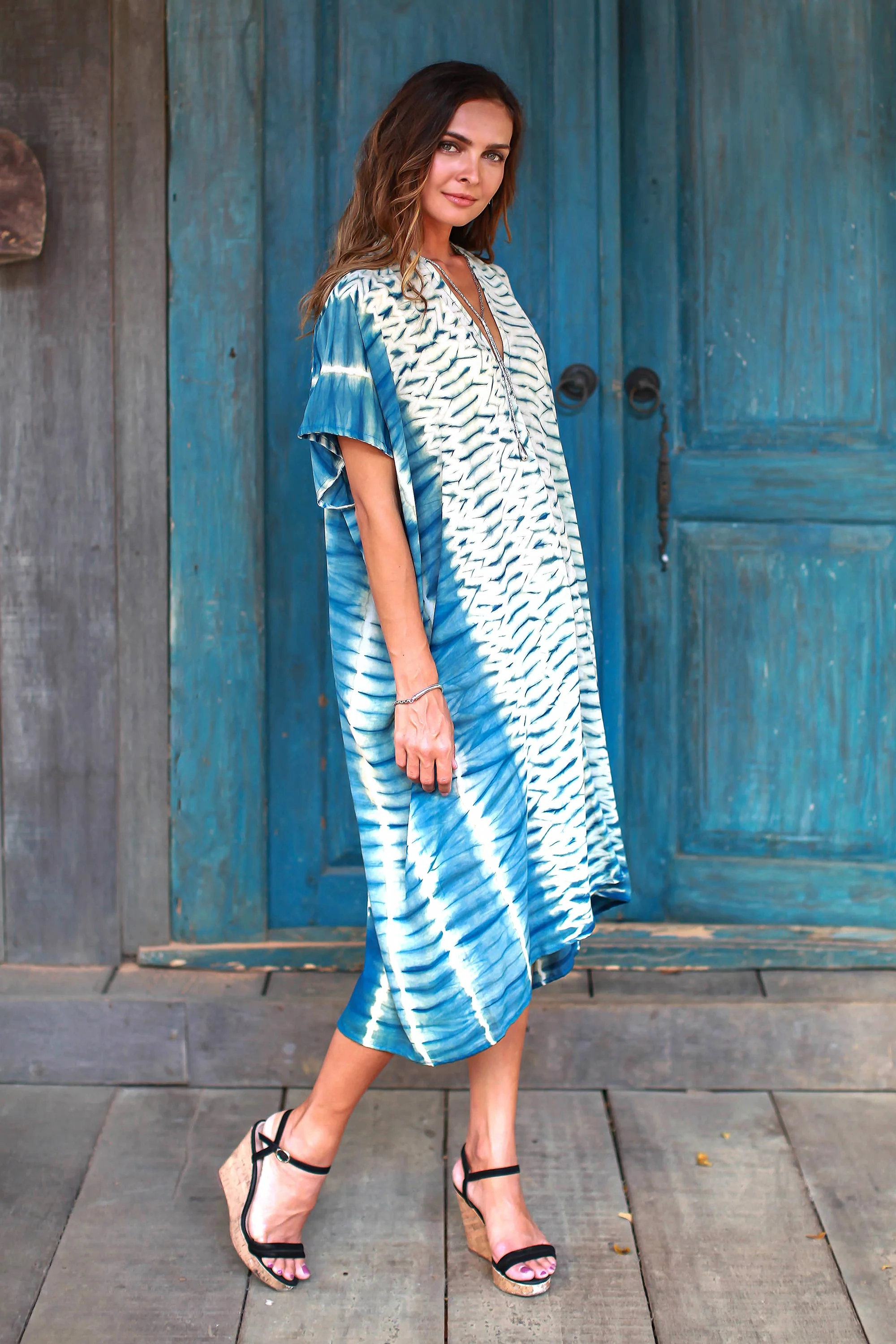 Segara Telu Ocean Ripple Tie-Dyed Cotton Caftan from Java - Image 3
