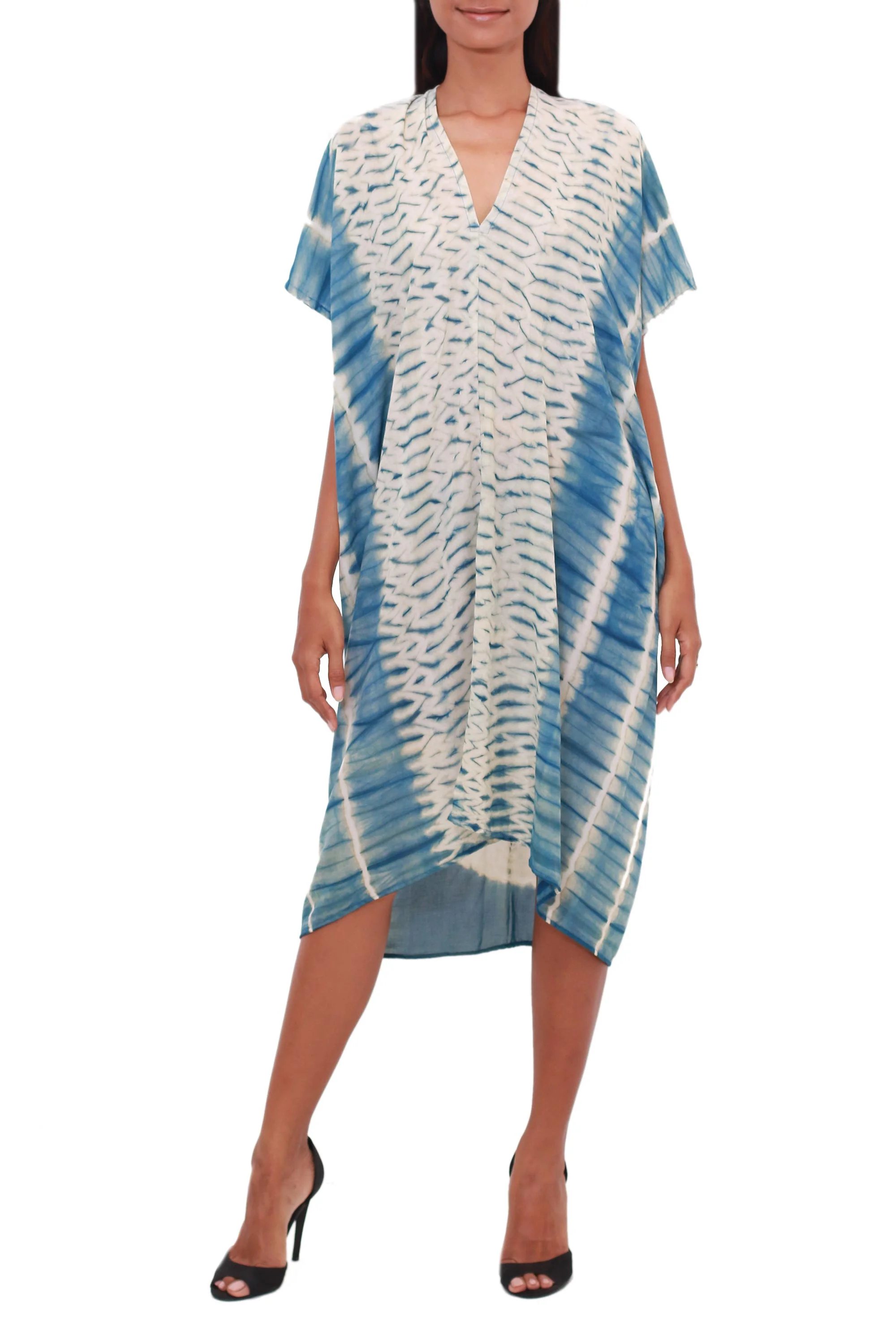 Segara Telu Ocean Ripple Tie-Dyed Cotton Caftan from Java - Image 5