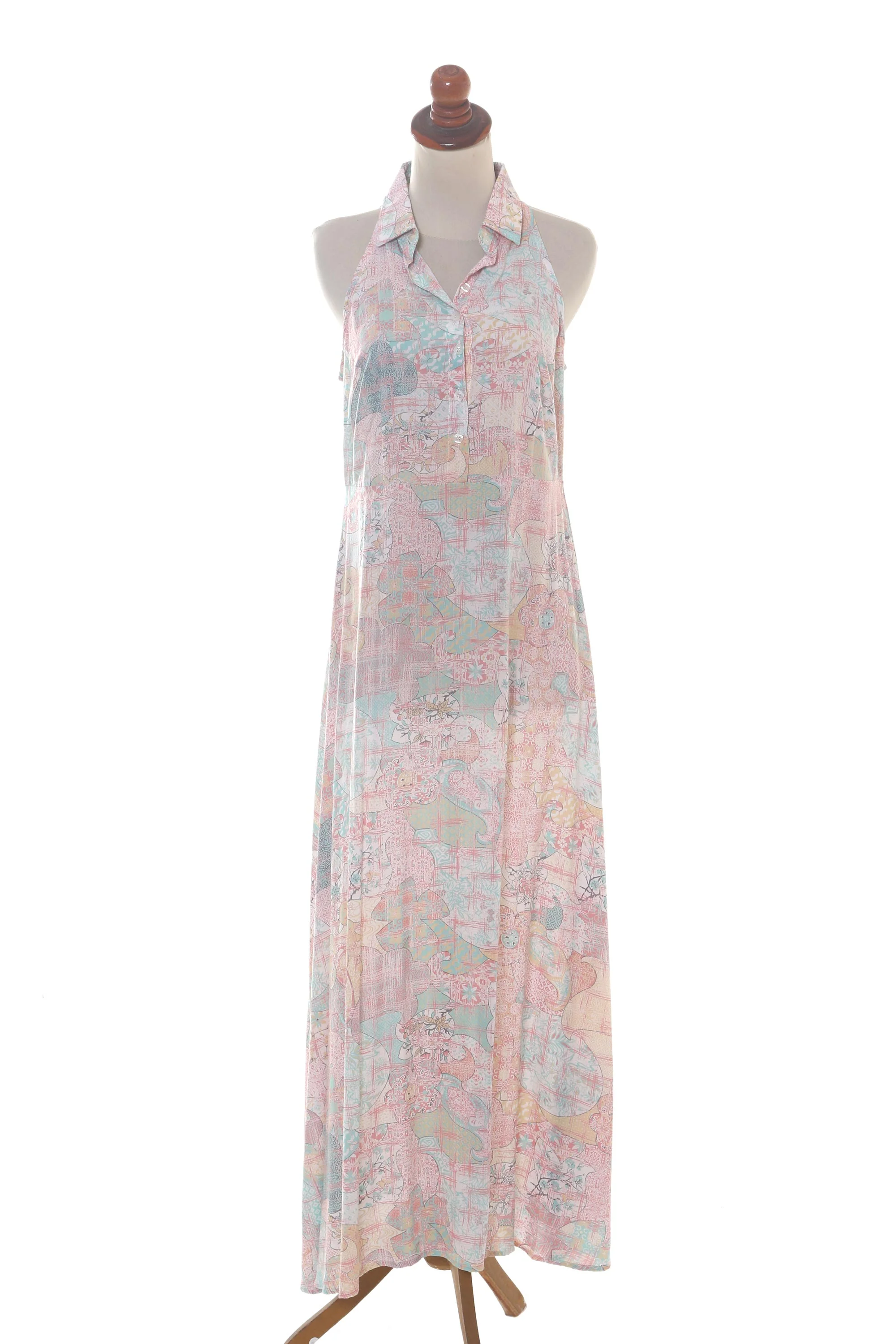 Sekar Jagad Rayon Halter Dress with Pink and Aqua Print - Image 2