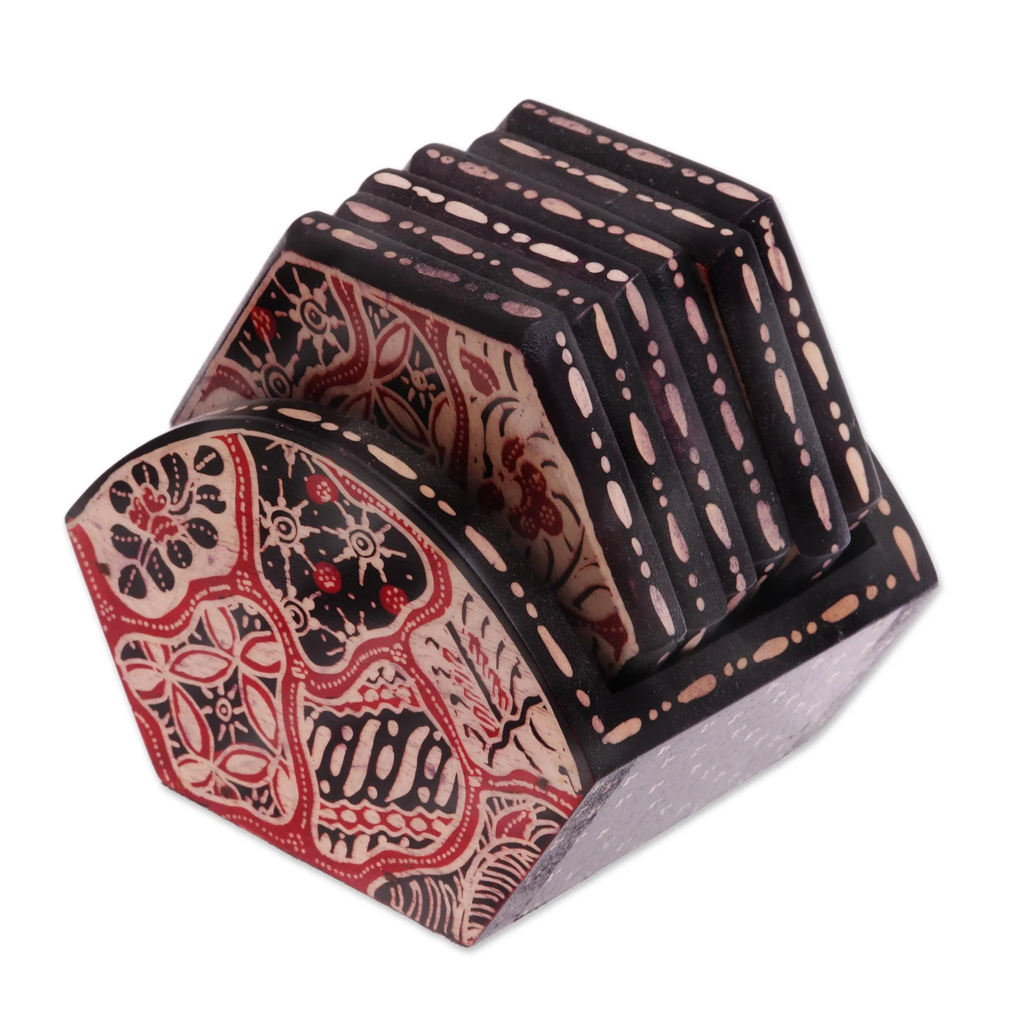 Sekarjagad Red and Black Floral Batik Set of Six Wadang Wood Coasters - Image 5