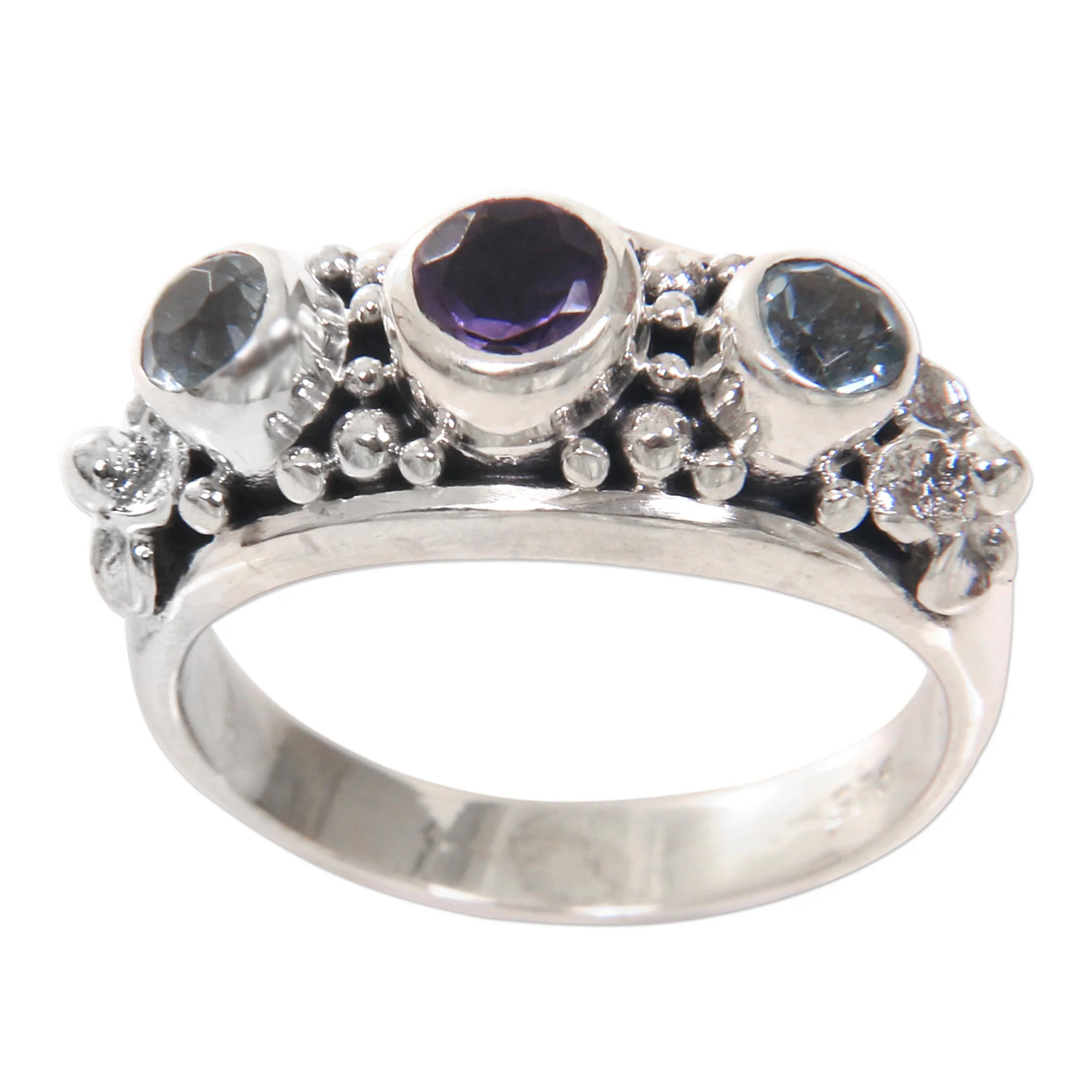 Seminyak Blossoms Amethyst and Blue Topaz Sterling Silver Floral Ring - Image 2