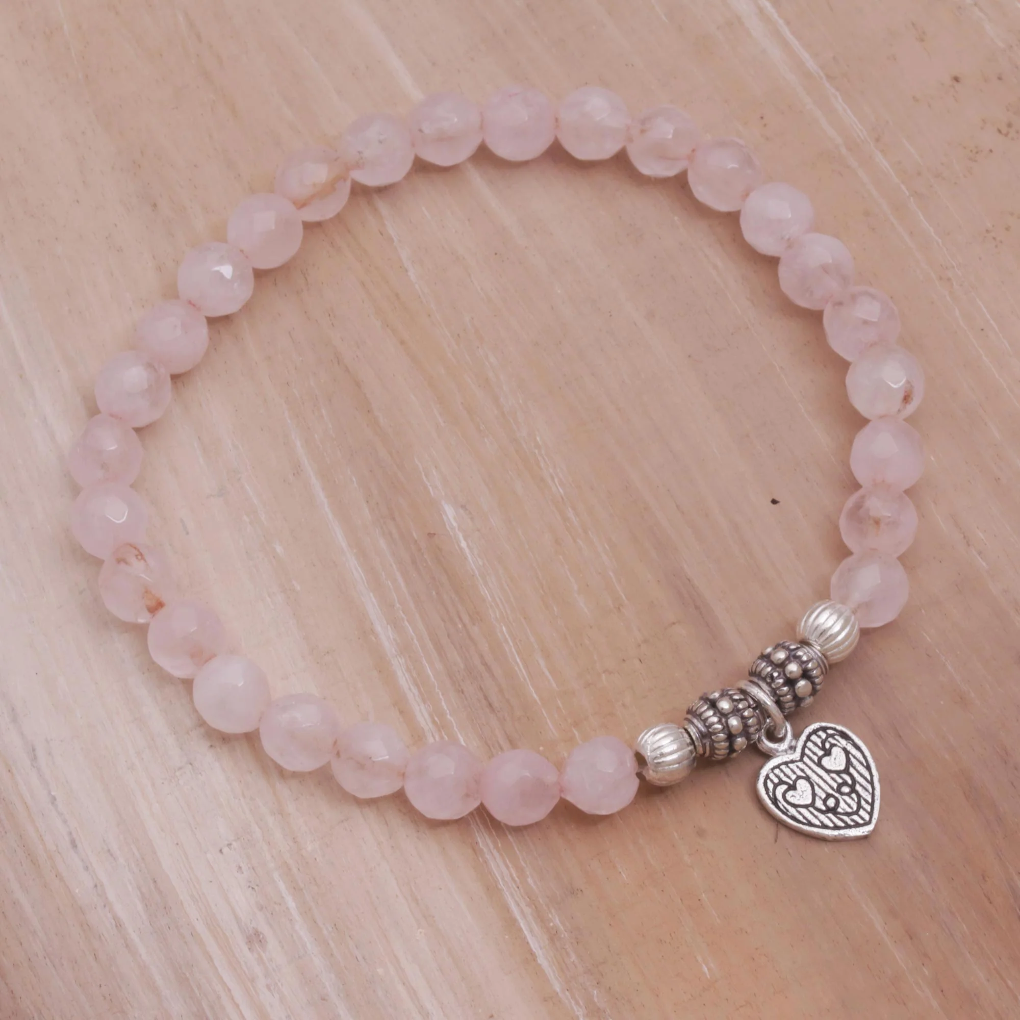 Sentimental Charm Rose Quartz 925 Silver Heart Charm Bracelet from Bali - Image 4