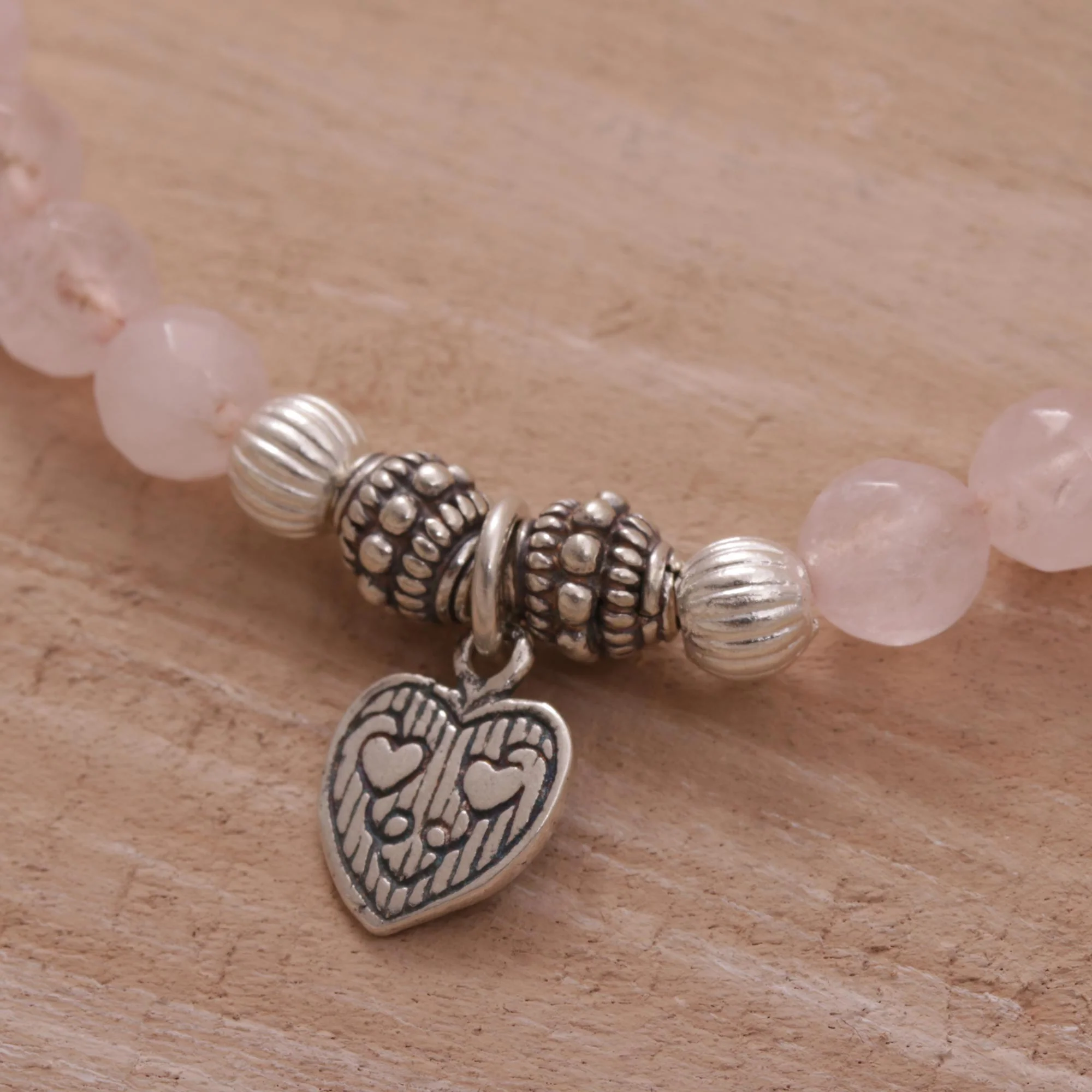 Sentimental Charm Rose Quartz 925 Silver Heart Charm Bracelet from Bali - Image 5