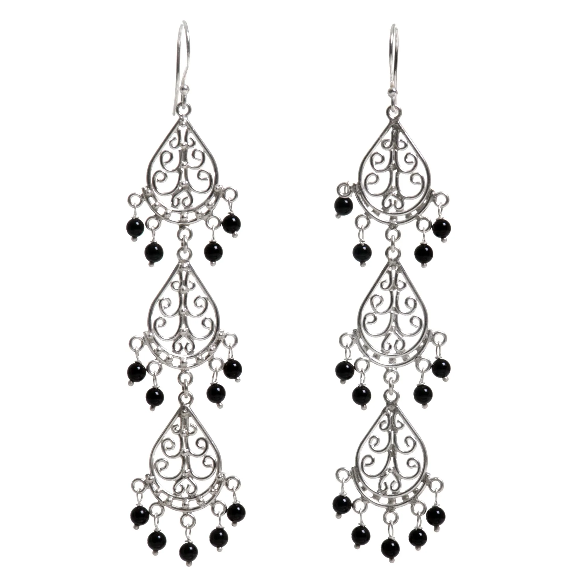 Serene Dawn Sterling Silver Onyx Dangle Earrings from Indonesia - Image 2