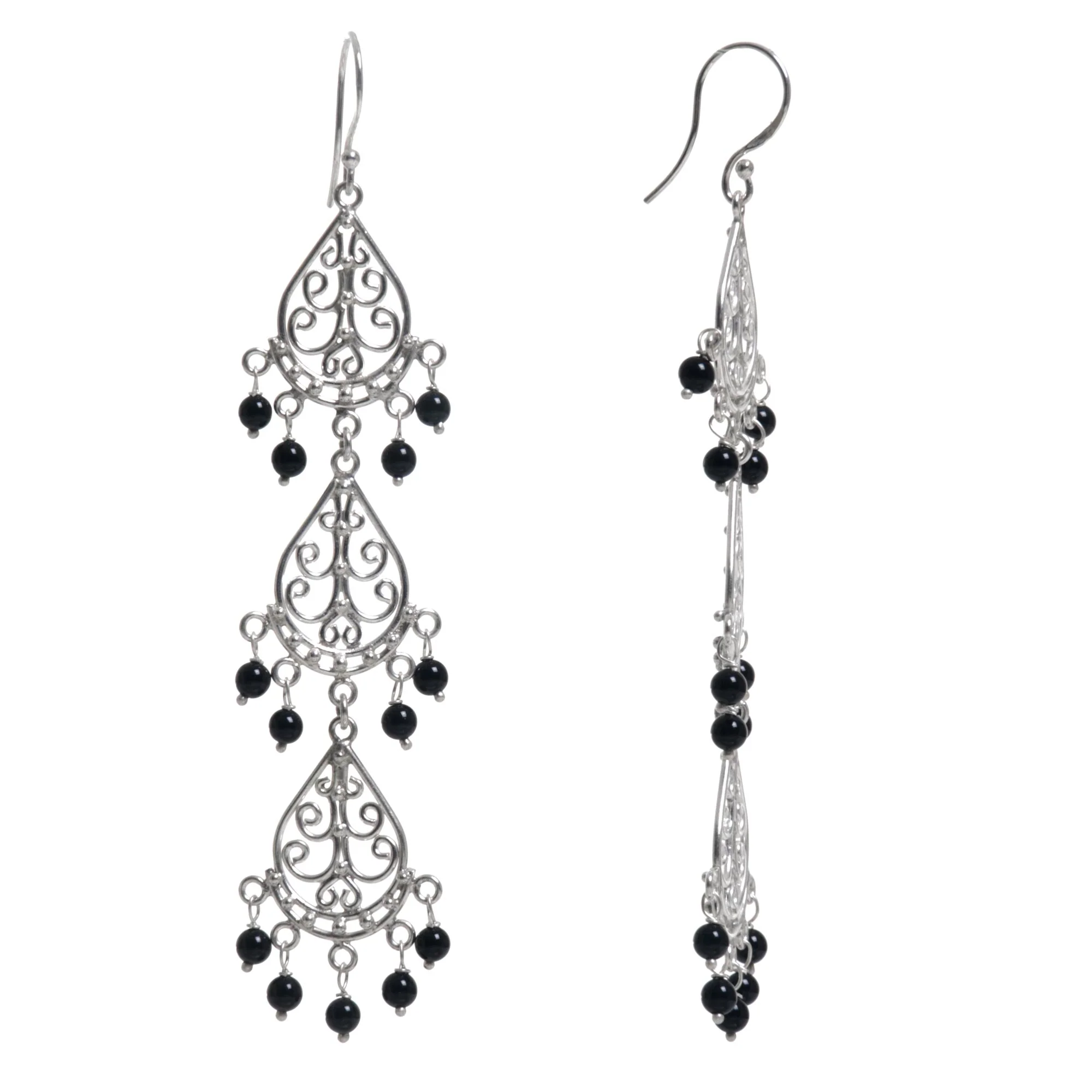 Serene Dawn Sterling Silver Onyx Dangle Earrings from Indonesia - Image 3