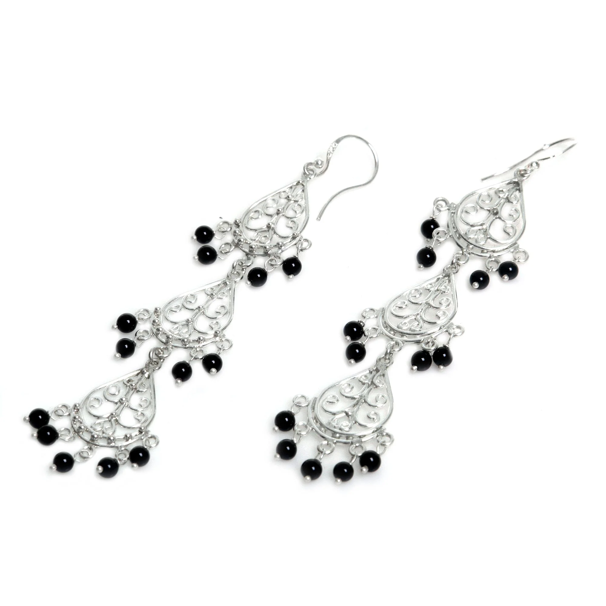Serene Dawn Sterling Silver Onyx Dangle Earrings from Indonesia - Image 4
