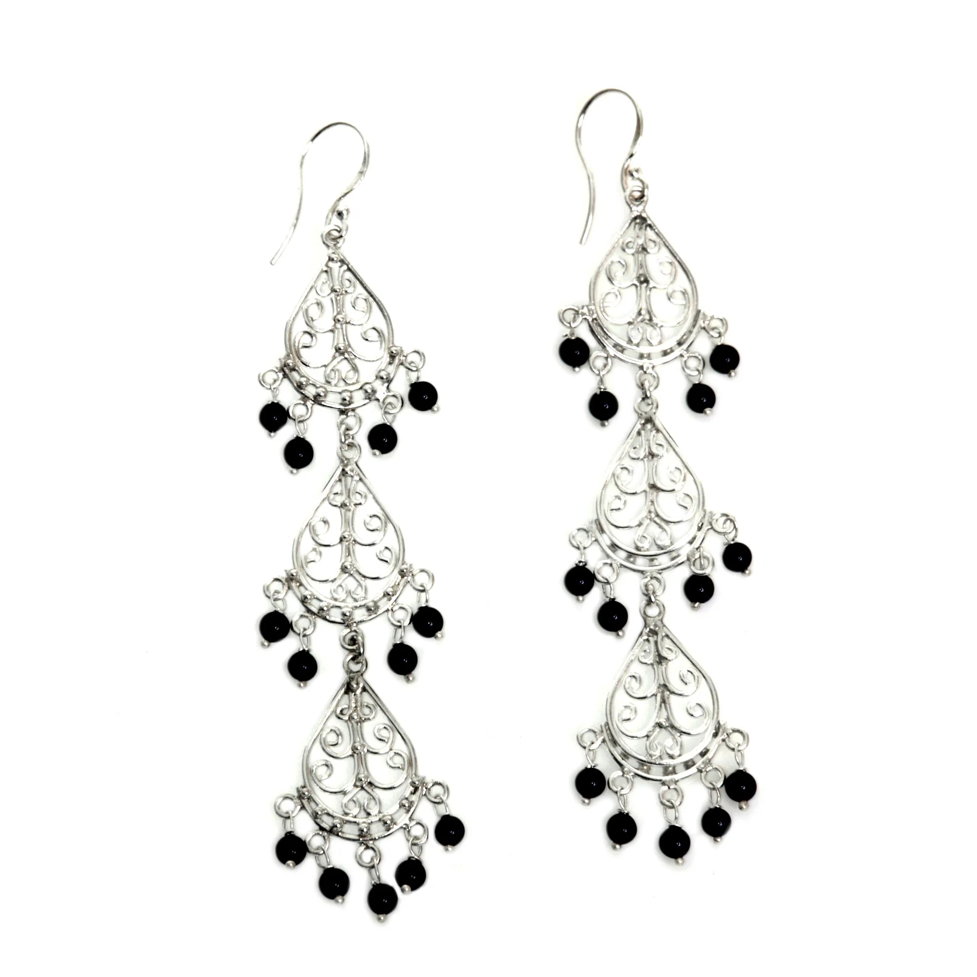 Serene Dawn Sterling Silver Onyx Dangle Earrings from Indonesia - Image 5