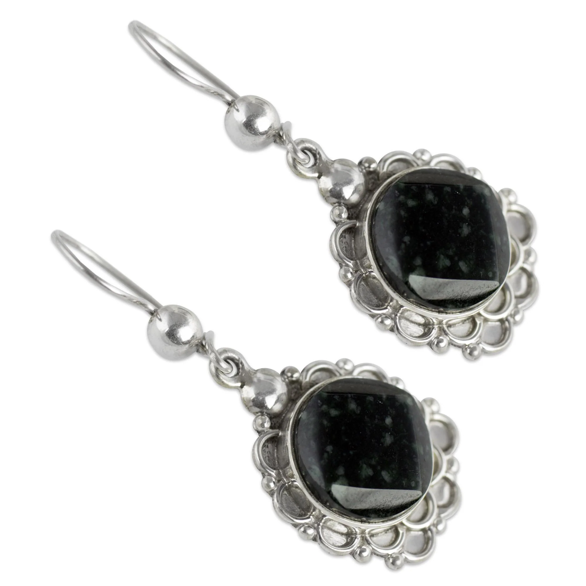 Shadow Blossom Silver and Dark Green Jade Floral Earrings - Image 3