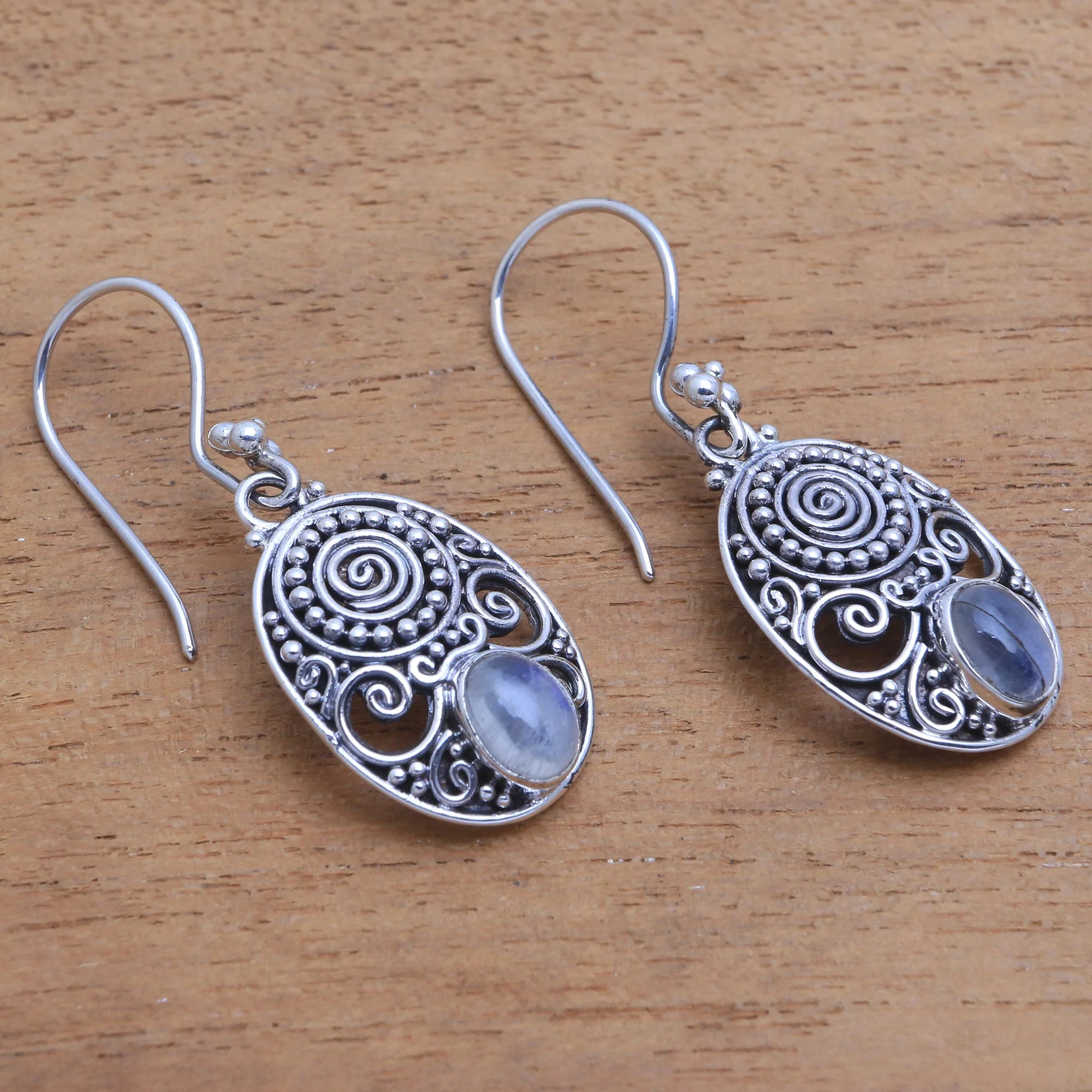 Shield of the Gods Rainbow Moonstone Earrings - Image 3