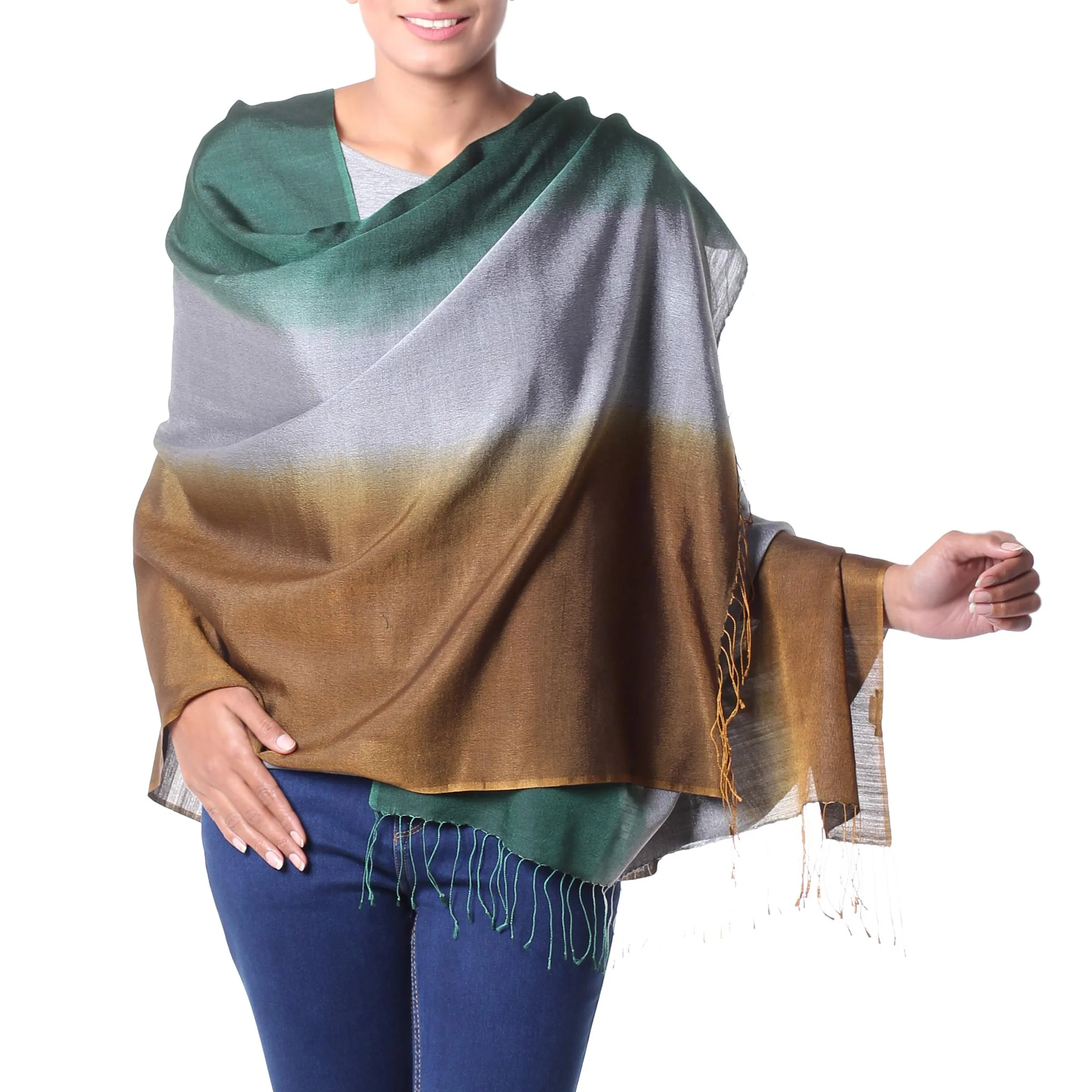 Shimmering Earth Silk Wool Blend Handcrafted Wrap Shawl - Image 2