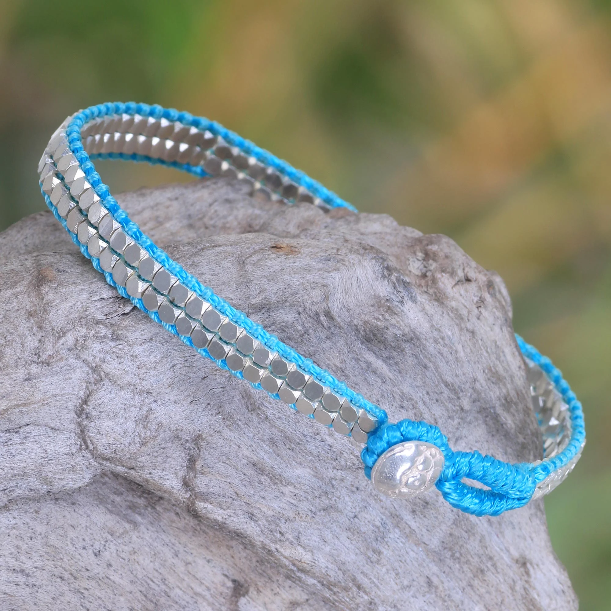Shimmering Path in Turquoise Artisan Crafted Turquoise Beaded Sterling Silver Bracelet - Image 3