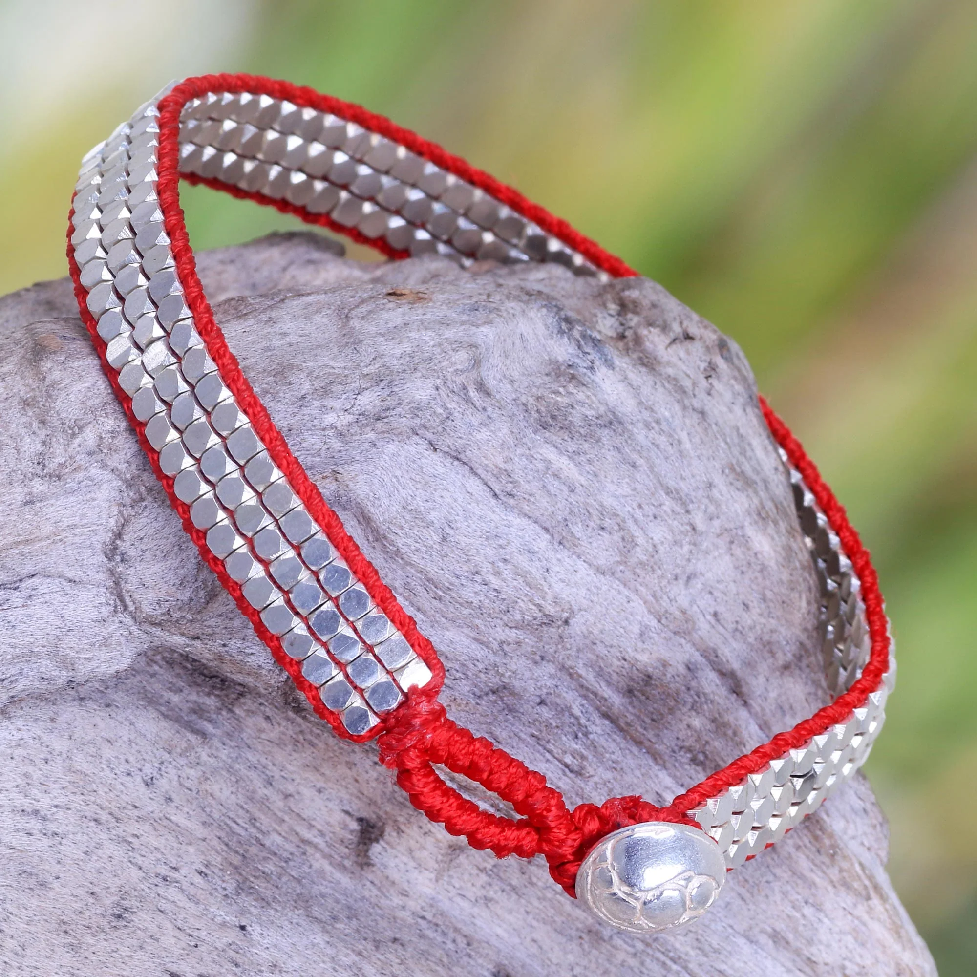 Shimmering Road in Red Fair Trade Sterling Silver and Red Nylon Beaded Bracelet - Image 3