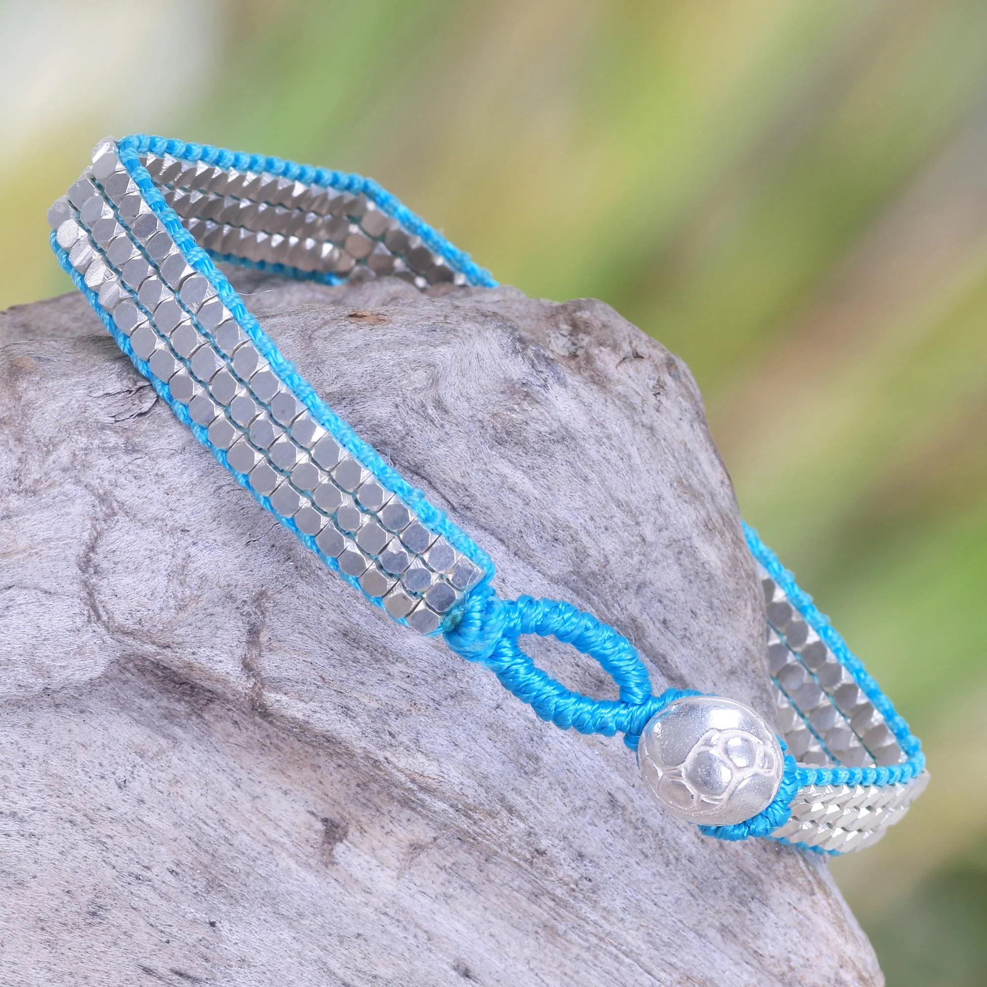 Shimmering Road in Turquoise Artisan Crafted Sterling Silver Beaded Bracelet from Bali - Image 3
