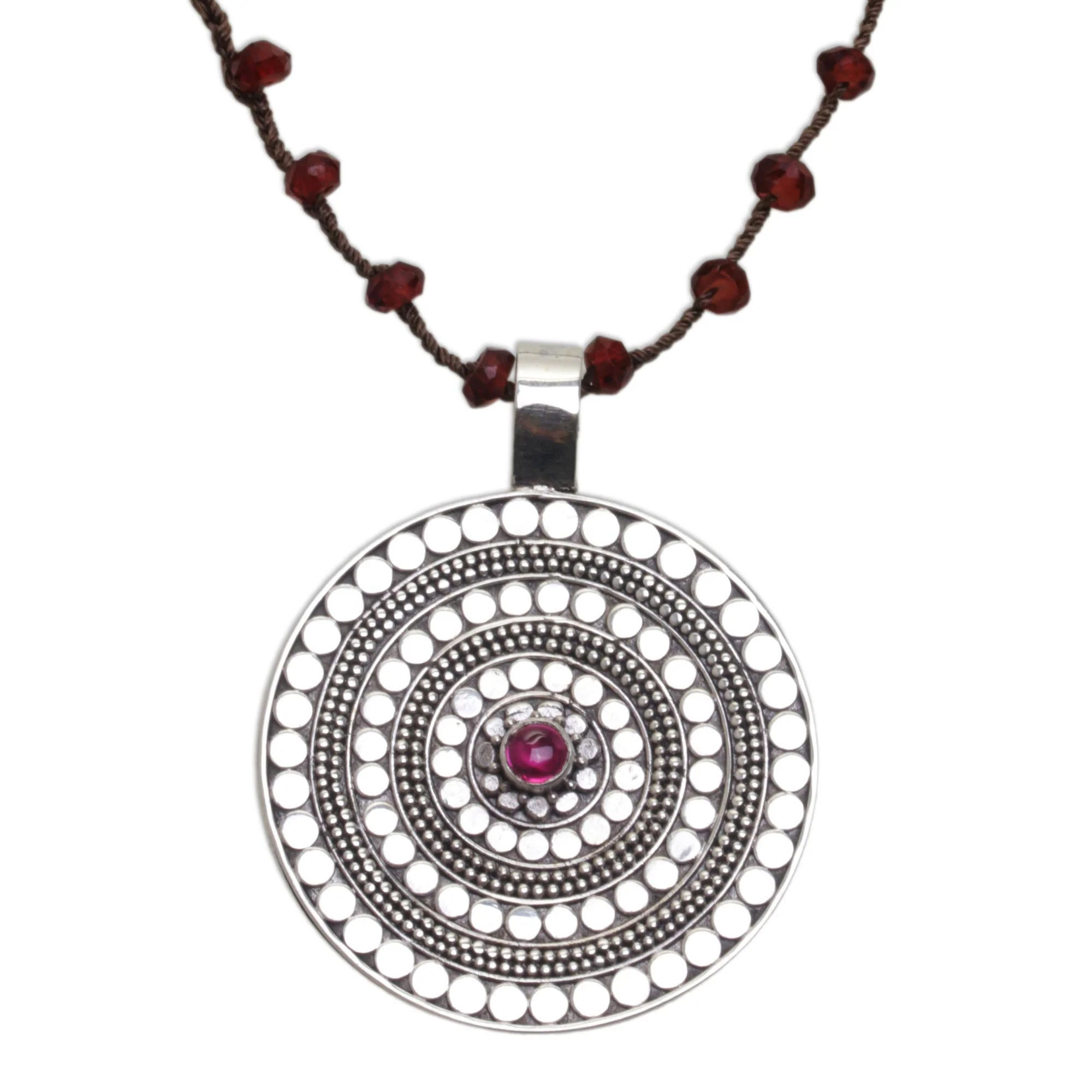 Shining Shield in Brown Handmade 925 Sterling Silver Rhodolite Cord Pendant Necklace - Image 2