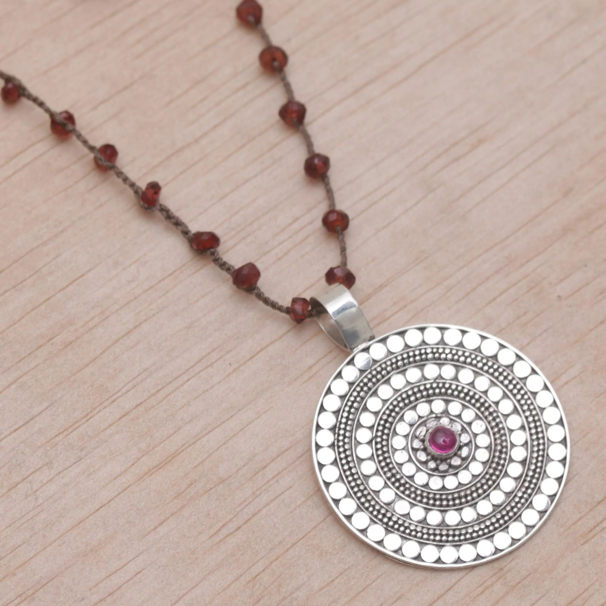 Shining Shield in Brown Handmade 925 Sterling Silver Rhodolite Cord Pendant Necklace - Image 3