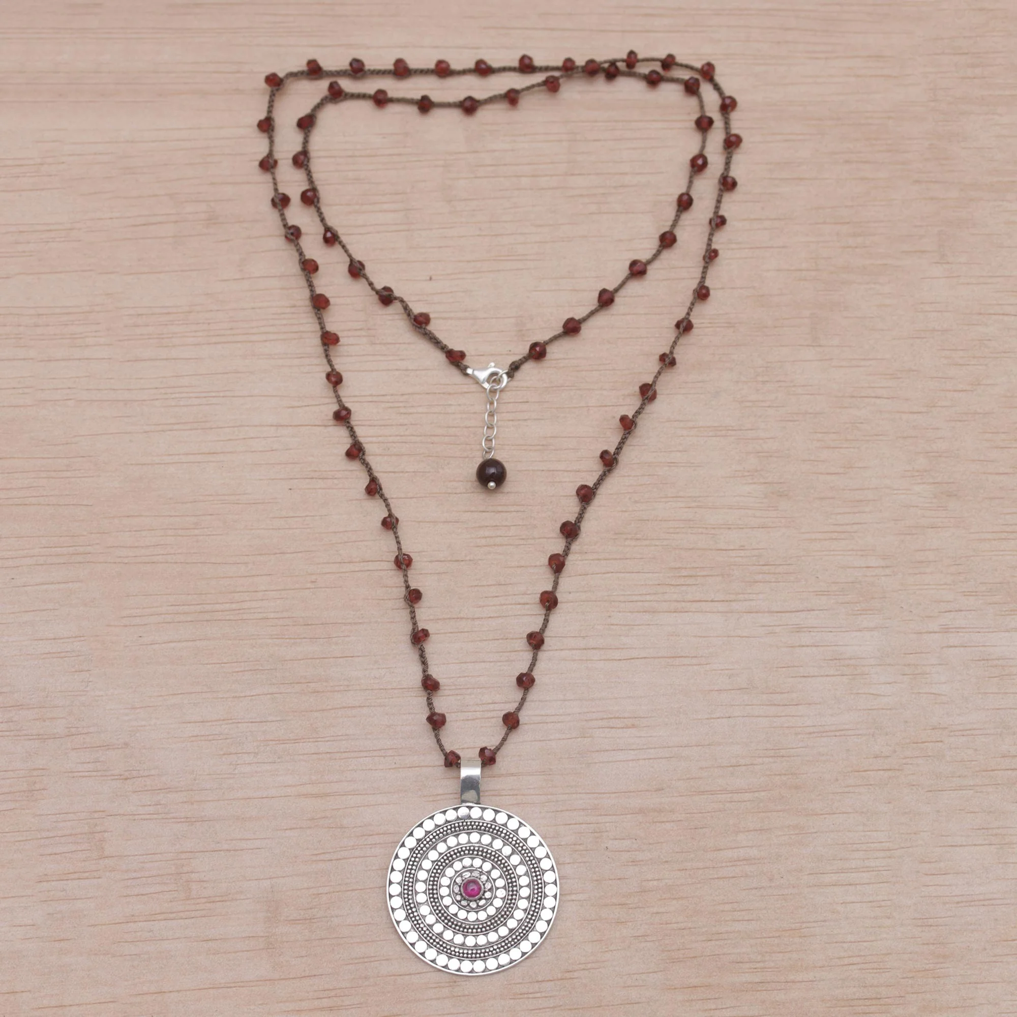 Shining Shield in Brown Handmade 925 Sterling Silver Rhodolite Cord Pendant Necklace - Image 4