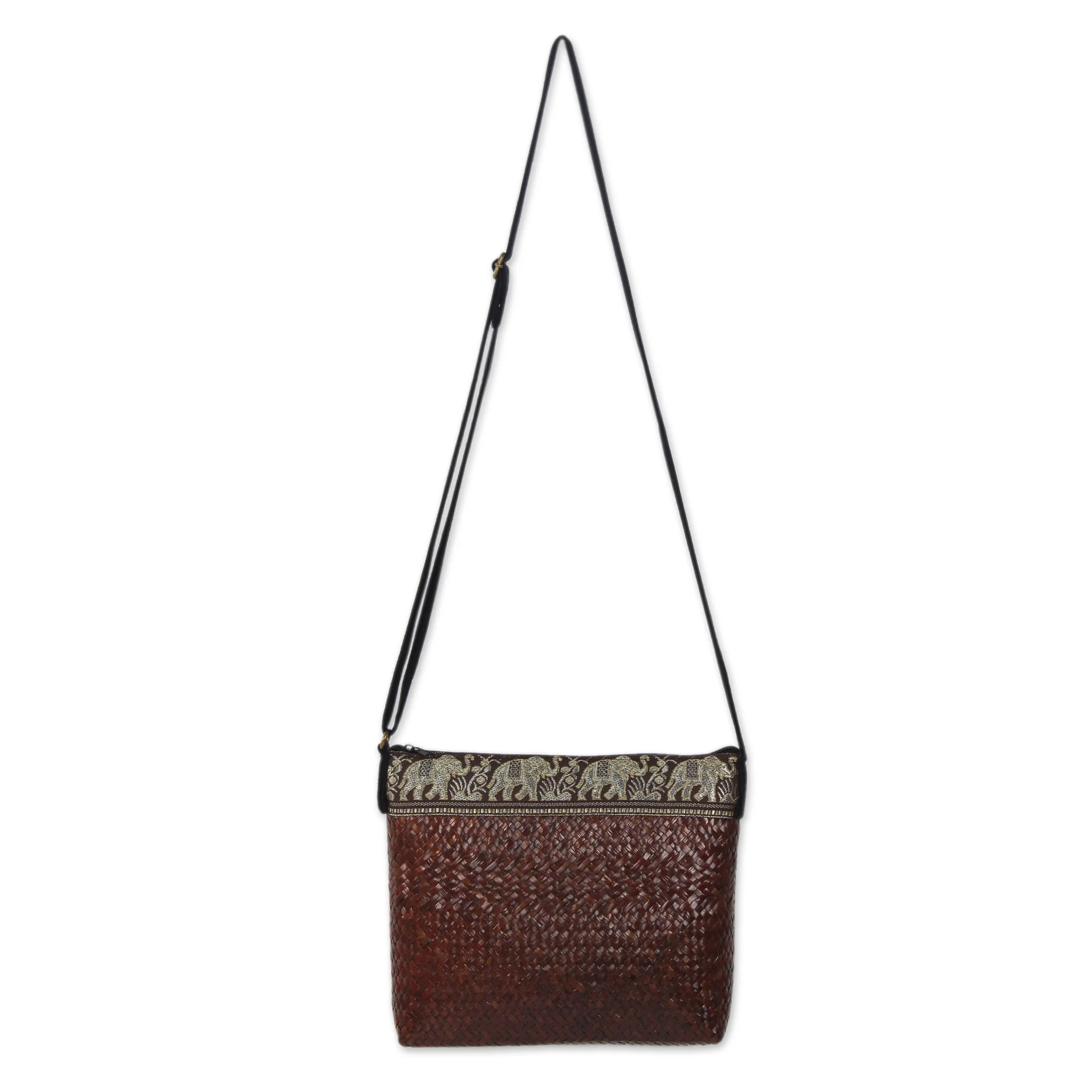 Siam Elephants on Brown Sedge Cotton Shoulder Bag - Image 2