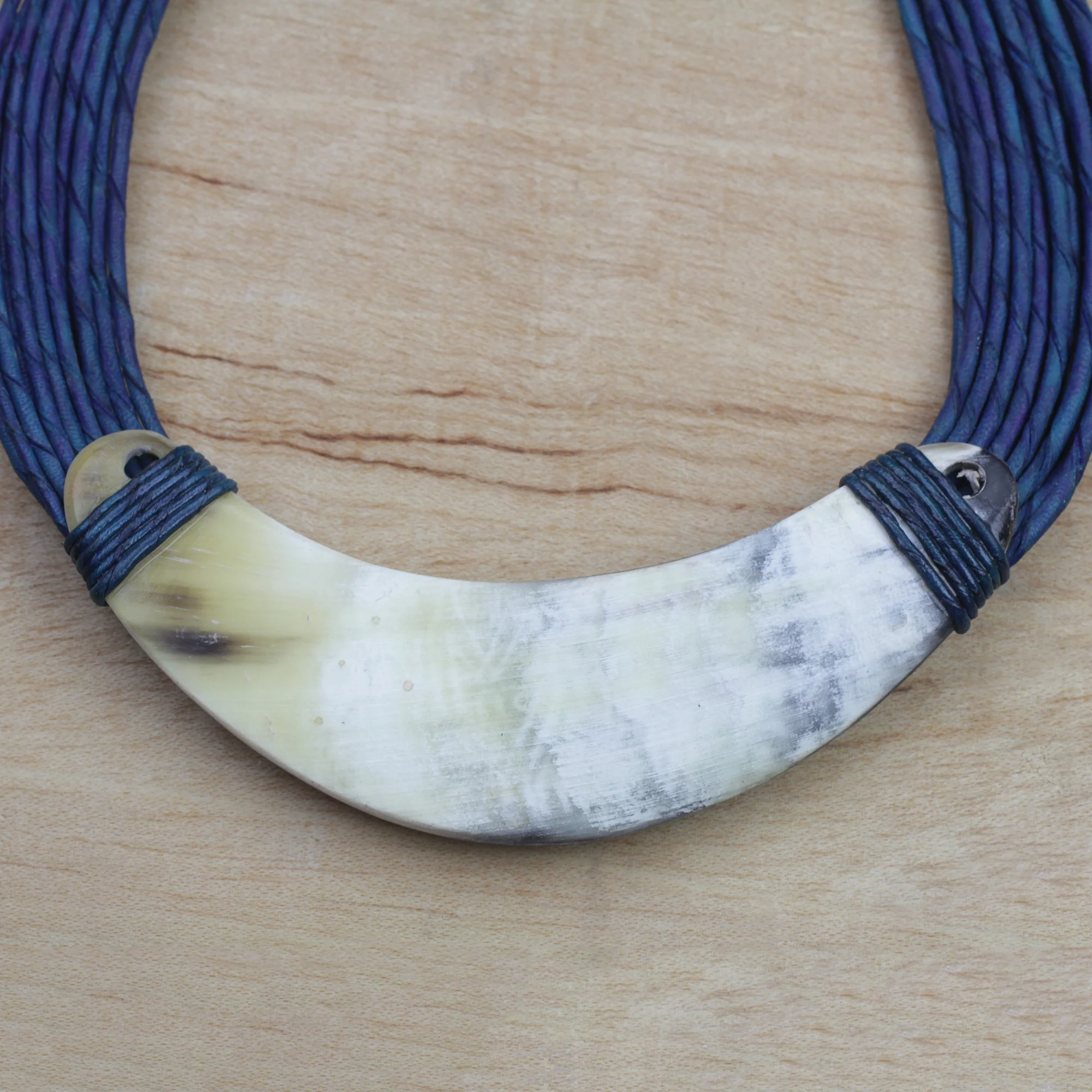 Sida Crescent-Shaped Horn Pendant Necklace with Blue Leather Cord - Image 3
