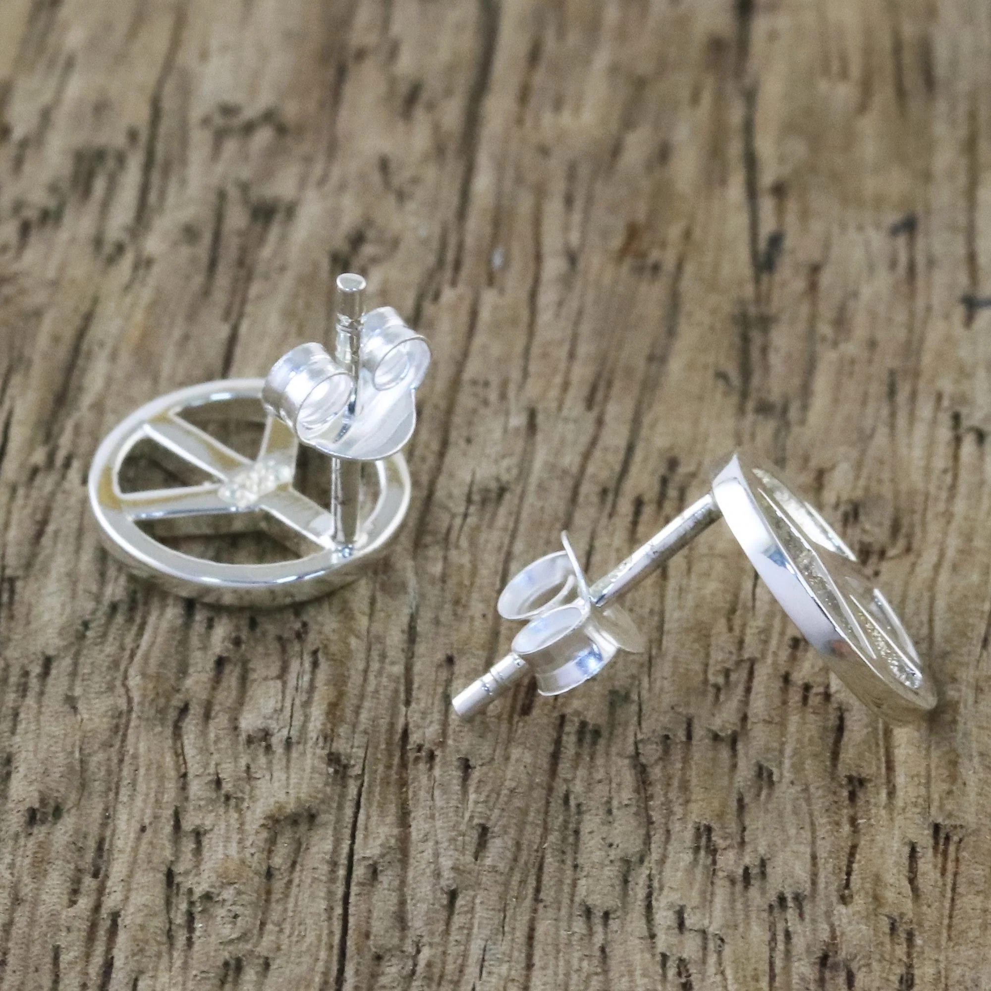 Sign of Peace Handcrafted Sterling Silver Stud Earrings with Peace Sign - Image 3