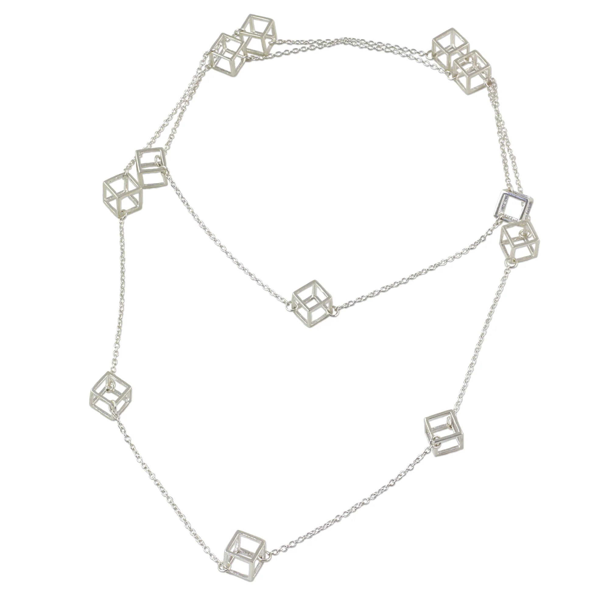 Silver Cubism Long Sterling Silver Cube Station Necklace from India - Image 2