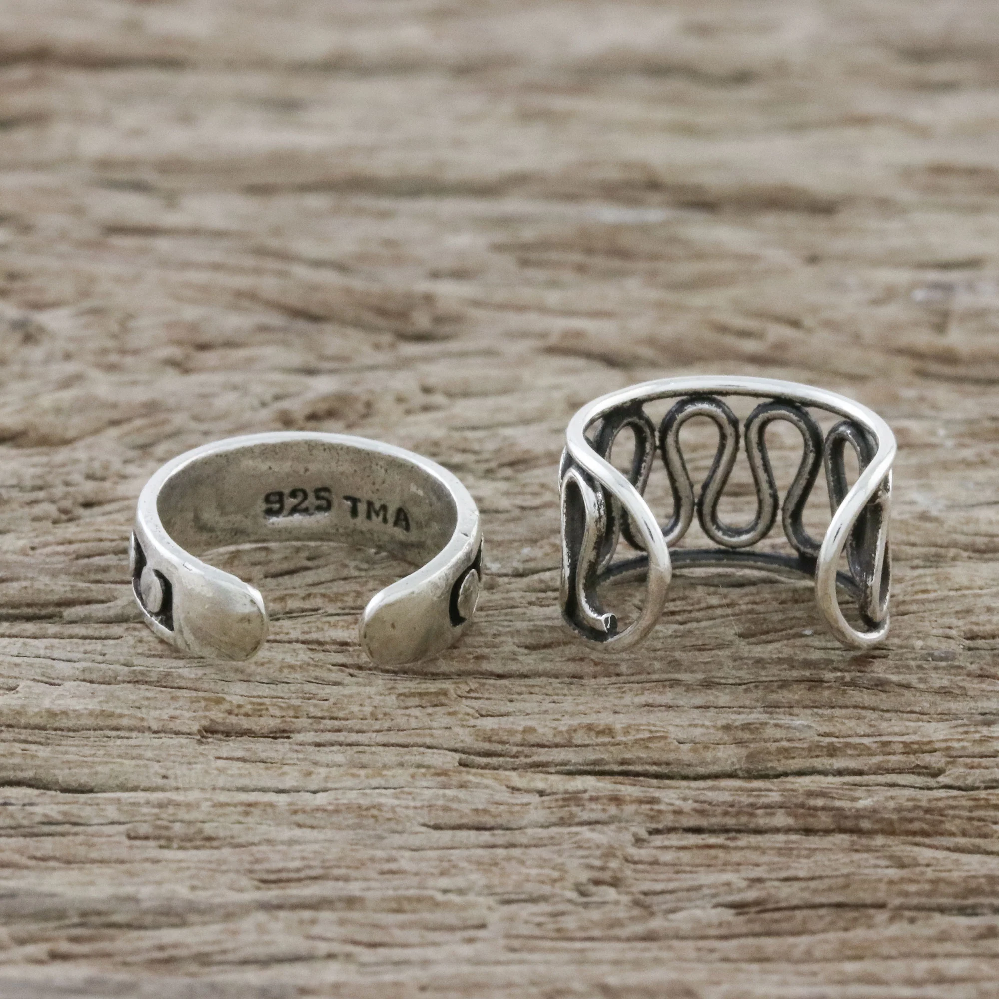 Simple Style Circle and Wave Motif Sterling Silver Ear Cuffs - Image 3