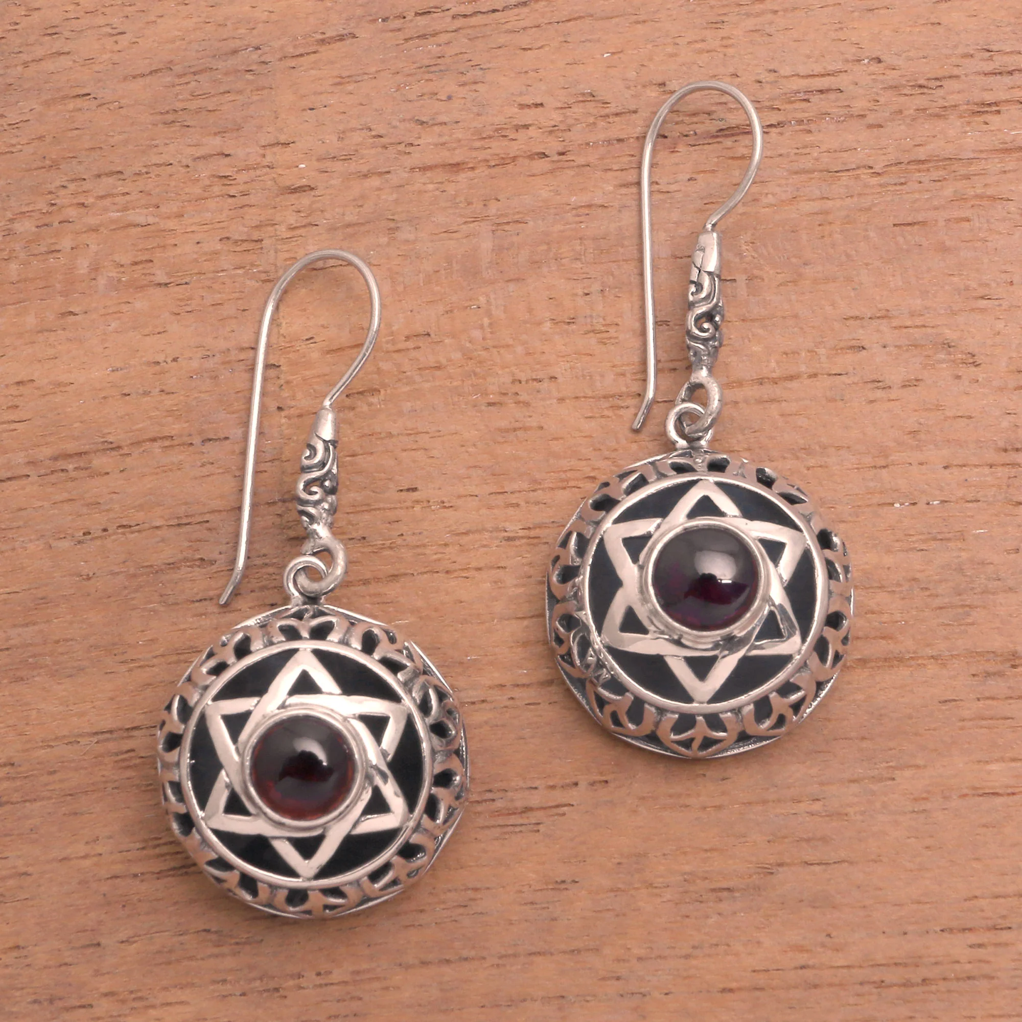 Six Points Garnet Six-Pointed Star Dangle Earrings from Bali - Image 3