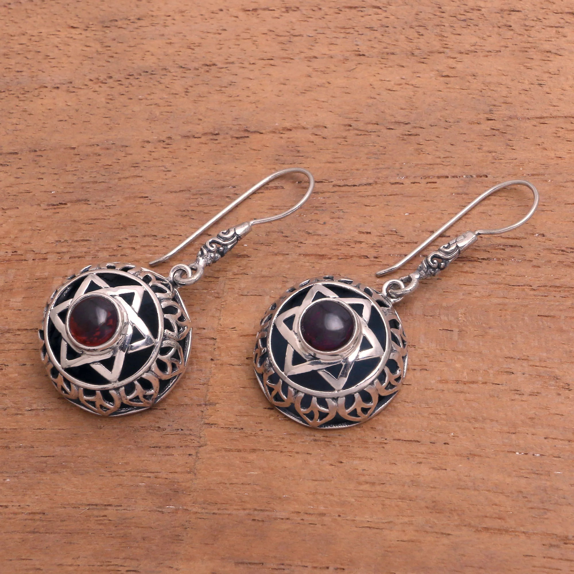 Six Points Garnet Six-Pointed Star Dangle Earrings from Bali - Image 4