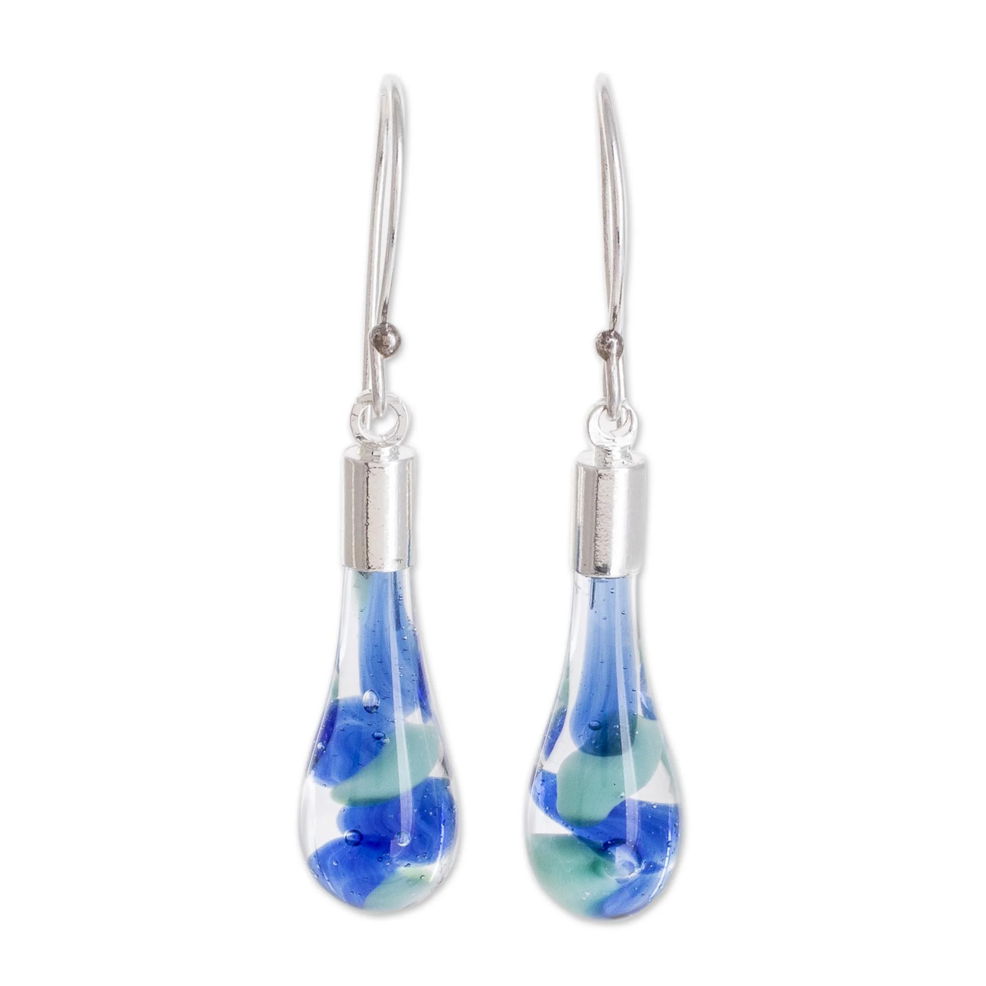 Sky and Sea Art Glass Dangle Earrings in Blue from Costa Rica - Image 2