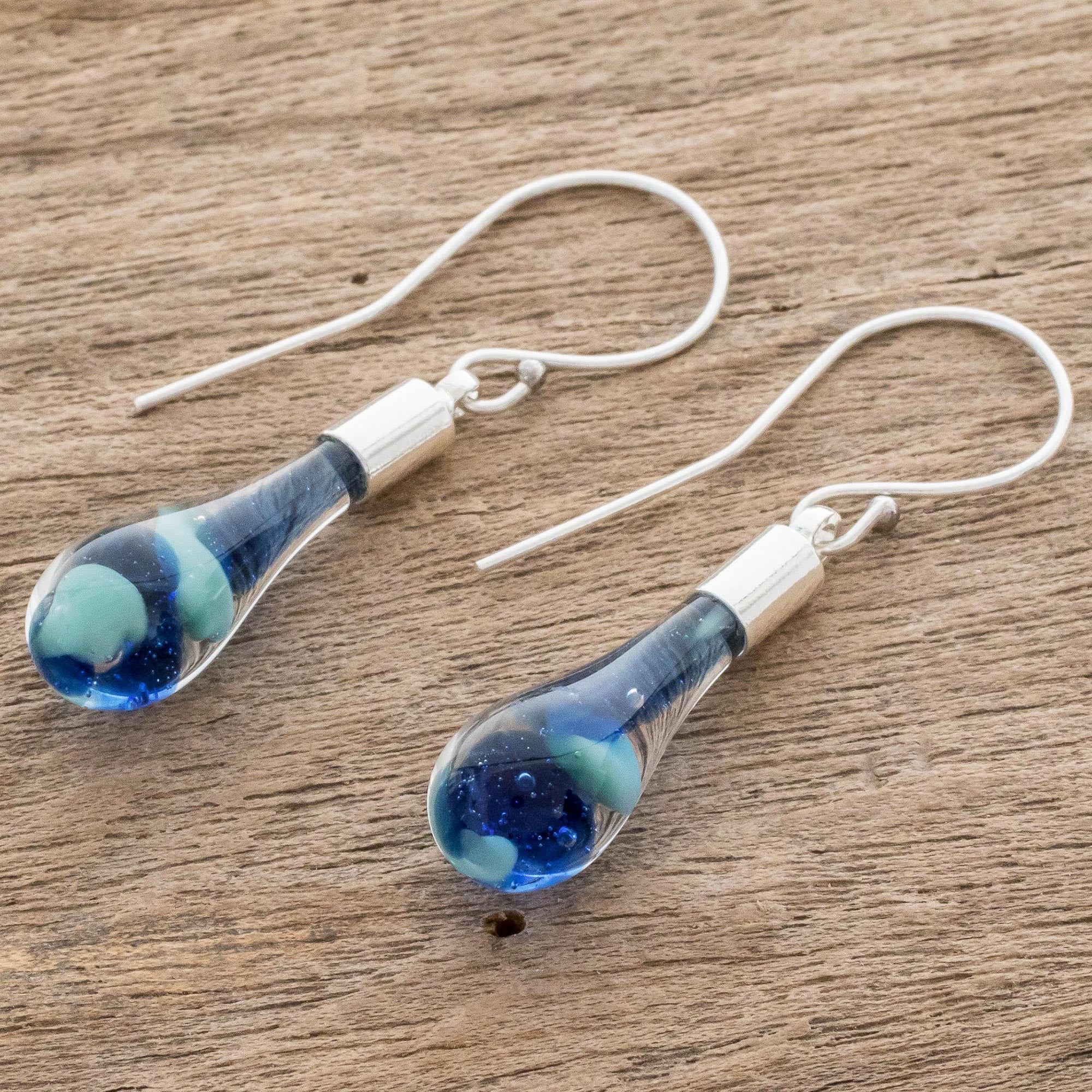 Sky and Sea Art Glass Dangle Earrings in Blue from Costa Rica - Image 3