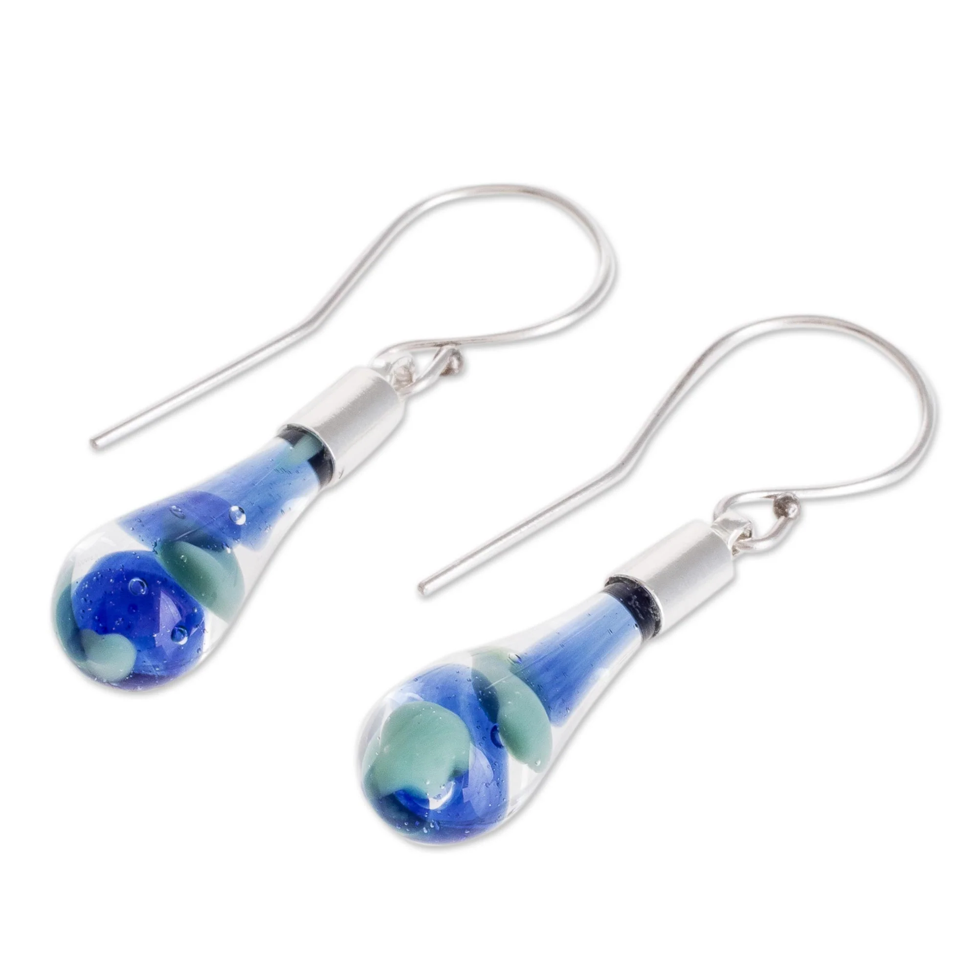 Sky and Sea Art Glass Dangle Earrings in Blue from Costa Rica - Image 4