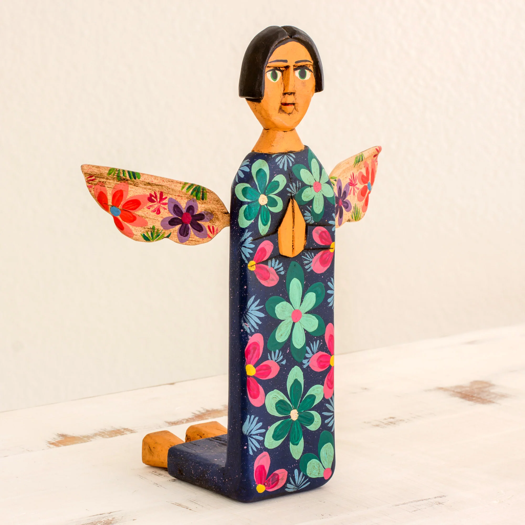 Sky Angel Hand Carved and Painted Wood Angel Sculpture from Guatemala - Image 3