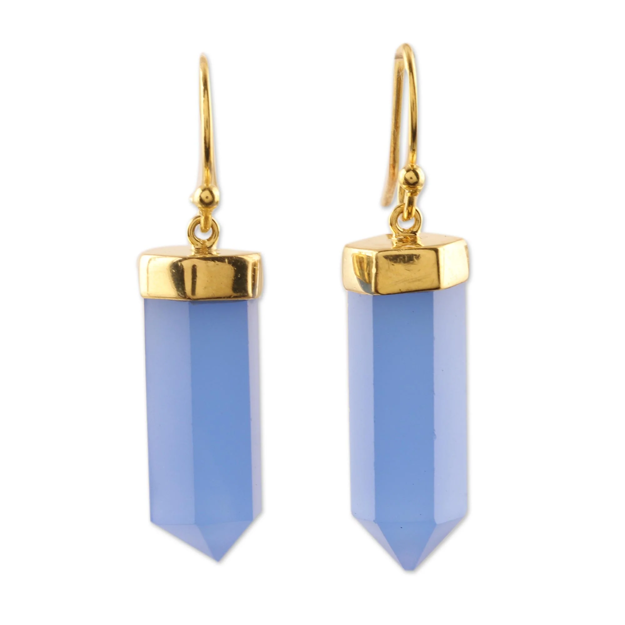 Sky Blue Bullet Gold Accented 30-Carat Chalcedony Dangle Earrings from India - Image 2