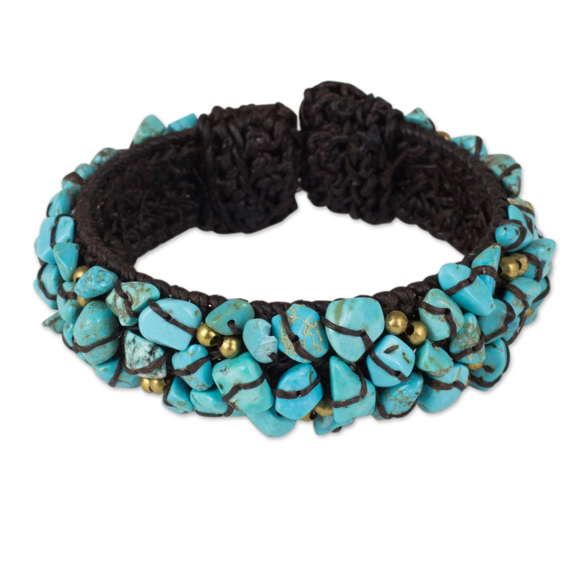 Sky Blue Day Turquoise Color Bead Bracelet on Brown Crocheted Cords - Image 2