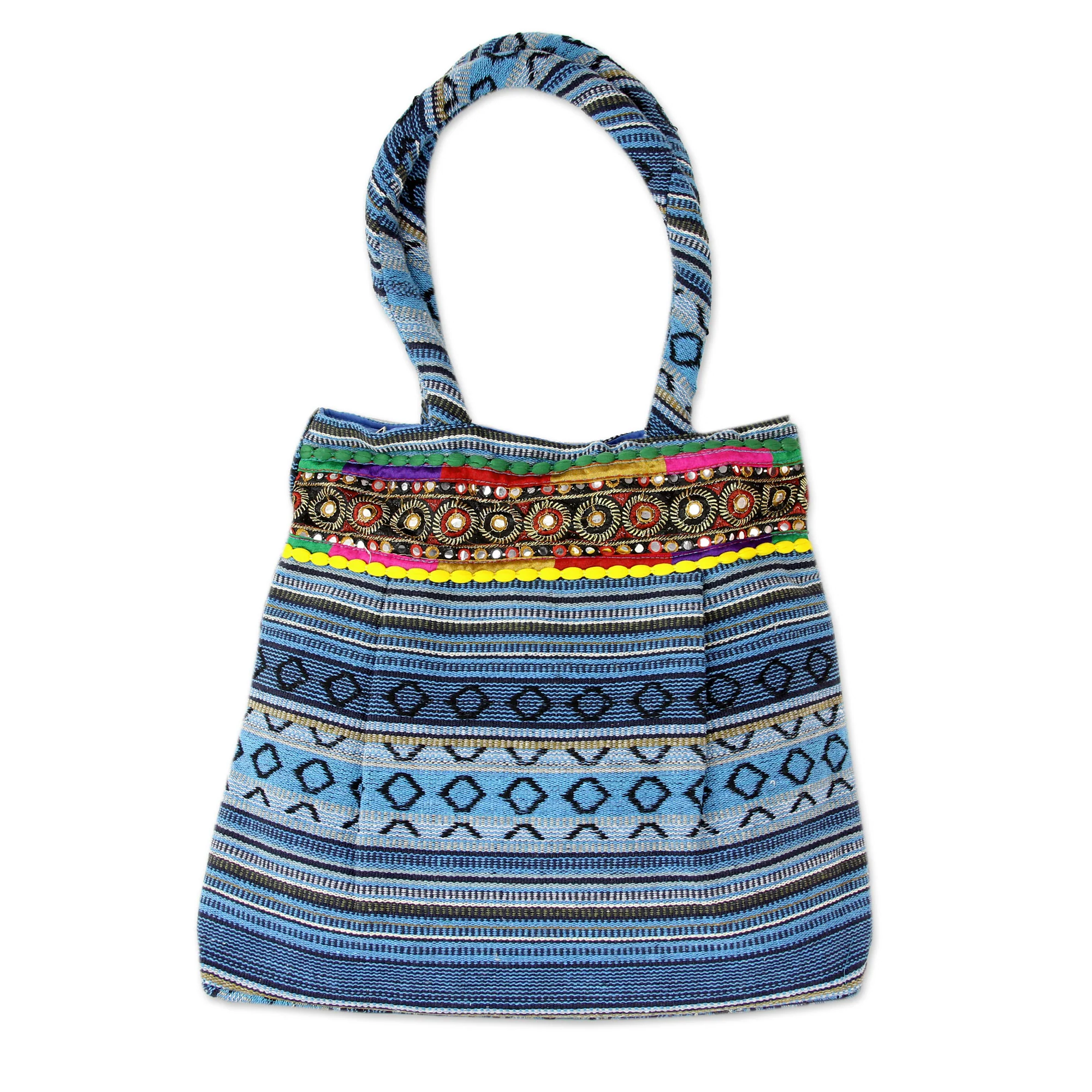 Sky Blue Gujarat Glam Hand Loomed Sky Blue Cotton Handbag with Sequins - Image 2