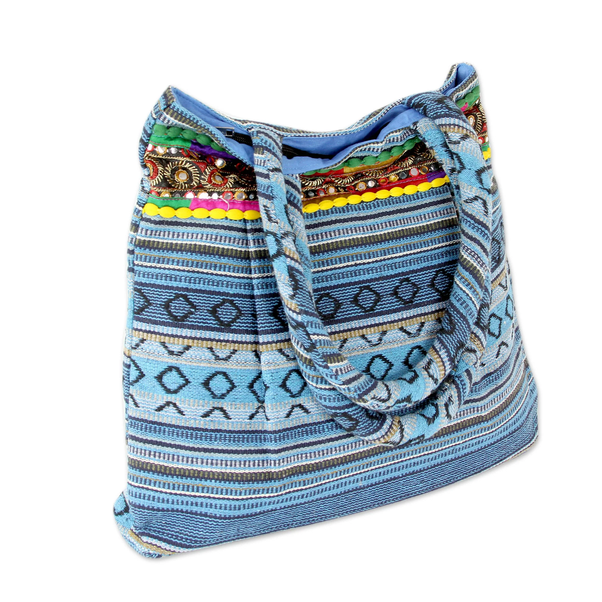Sky Blue Gujarat Glam Hand Loomed Sky Blue Cotton Handbag with Sequins - Image 3