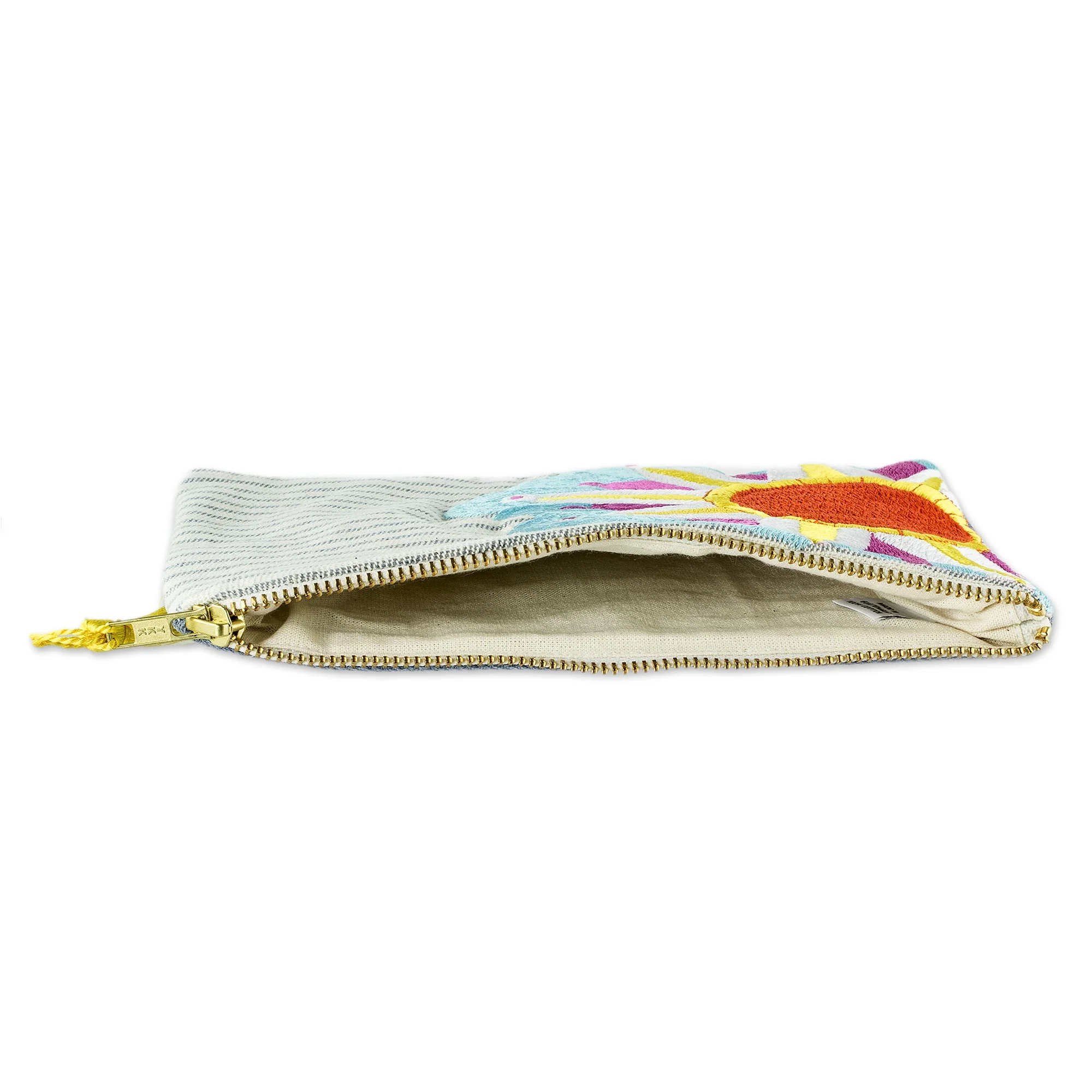 Sky Blue Sunshine Sun Motif Embroidered Cotton Denim Cosmetic Bag - Image 5