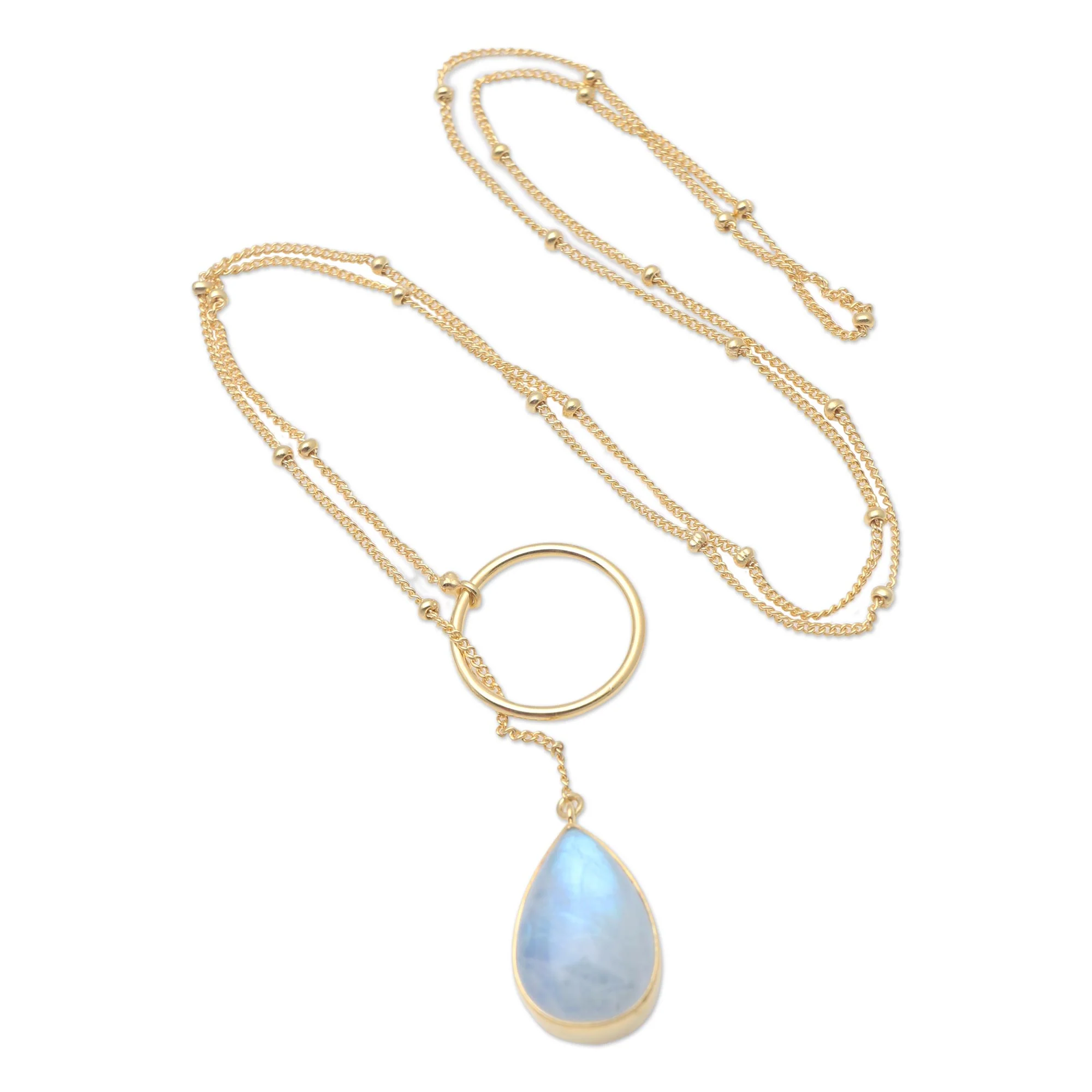 Sky Blue Teardrop Gold-Plated Rainbow Moonstone Pendant Necklace - Image 2