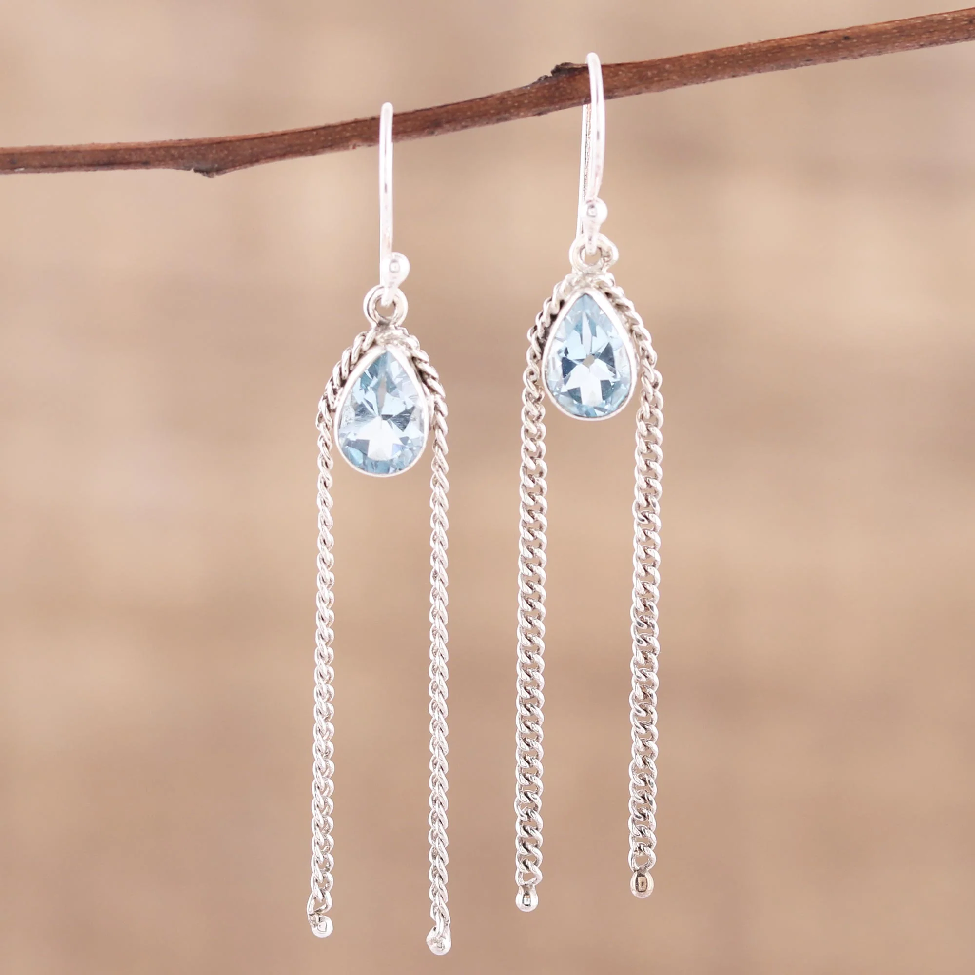 Sky Chains Teardrop Blue Topaz Dangle Earrings from India
