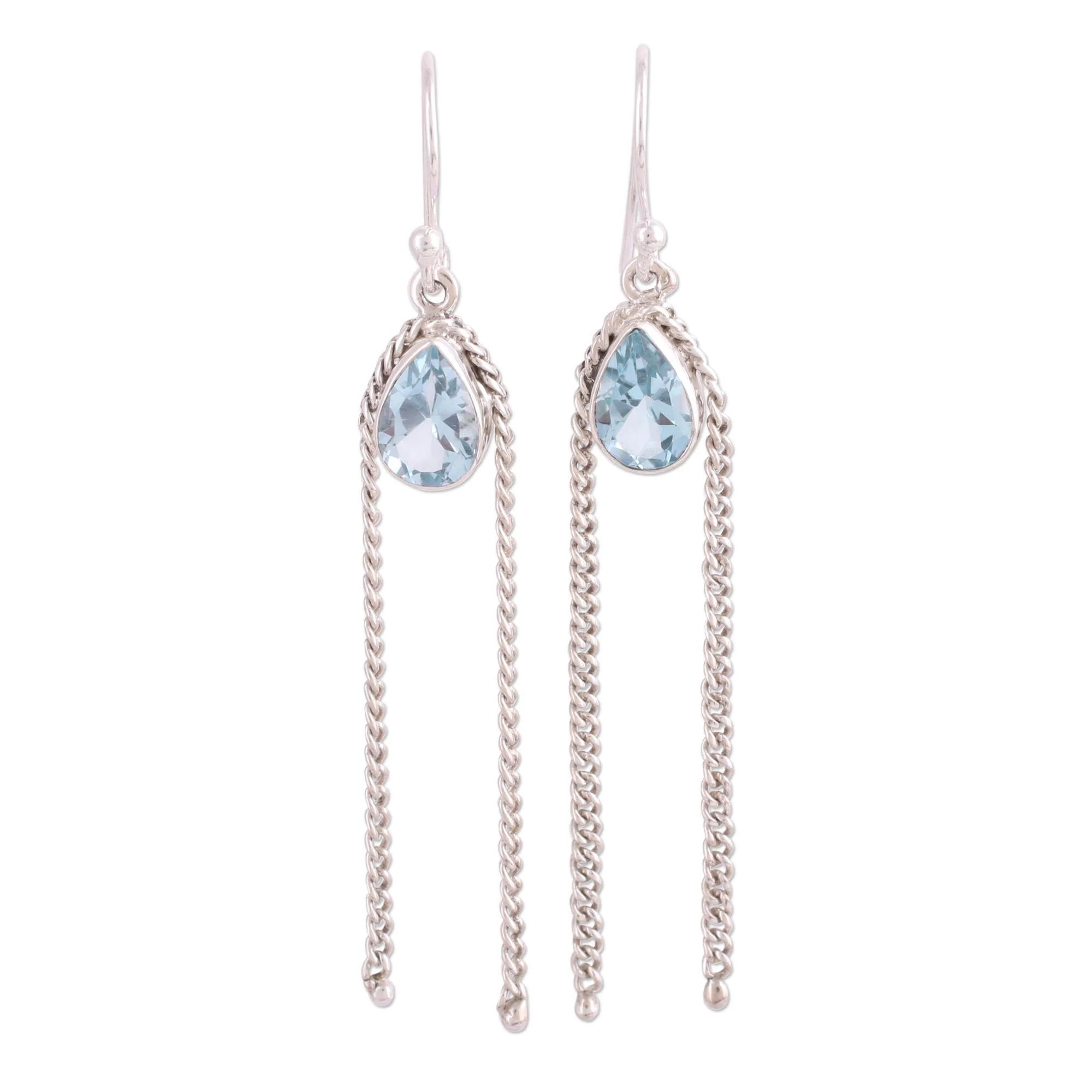 Sky Chains Teardrop Blue Topaz Dangle Earrings from India - Image 2
