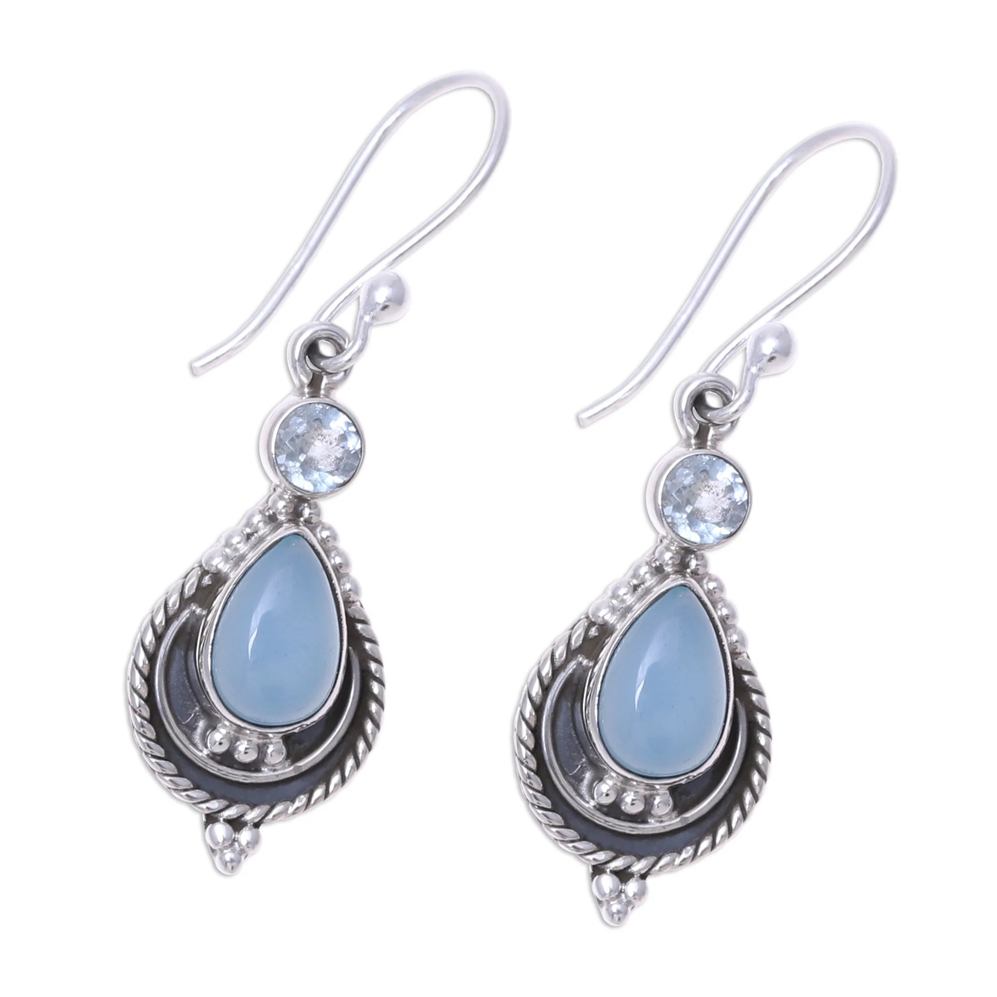 Sky Fascination Chalcedony and Blue Topaz Dangle Earrings from India - Image 4