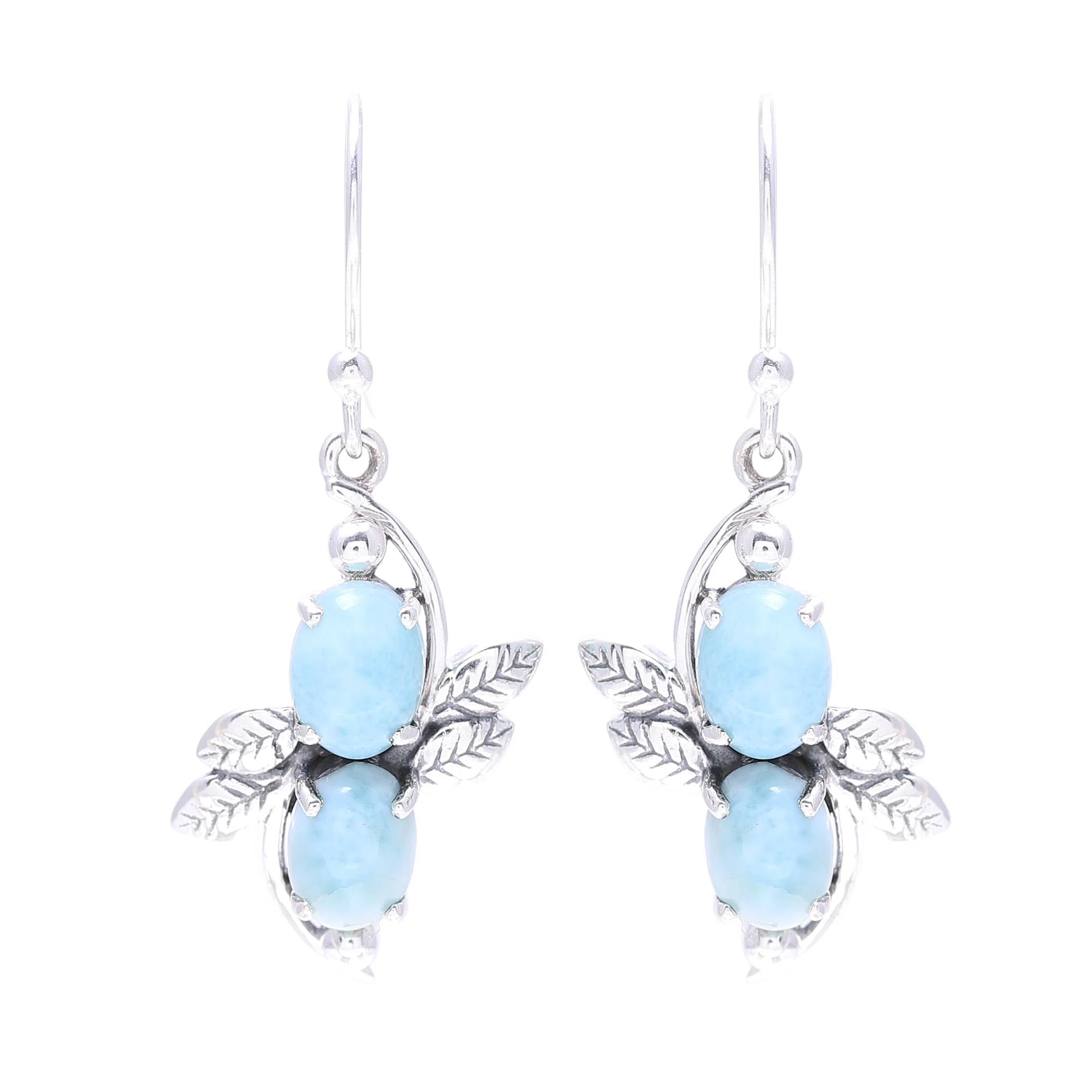 Sky Flower Duo Larimar Ovals and Sterling Silver Leaves Dangle Earrings - Image 2